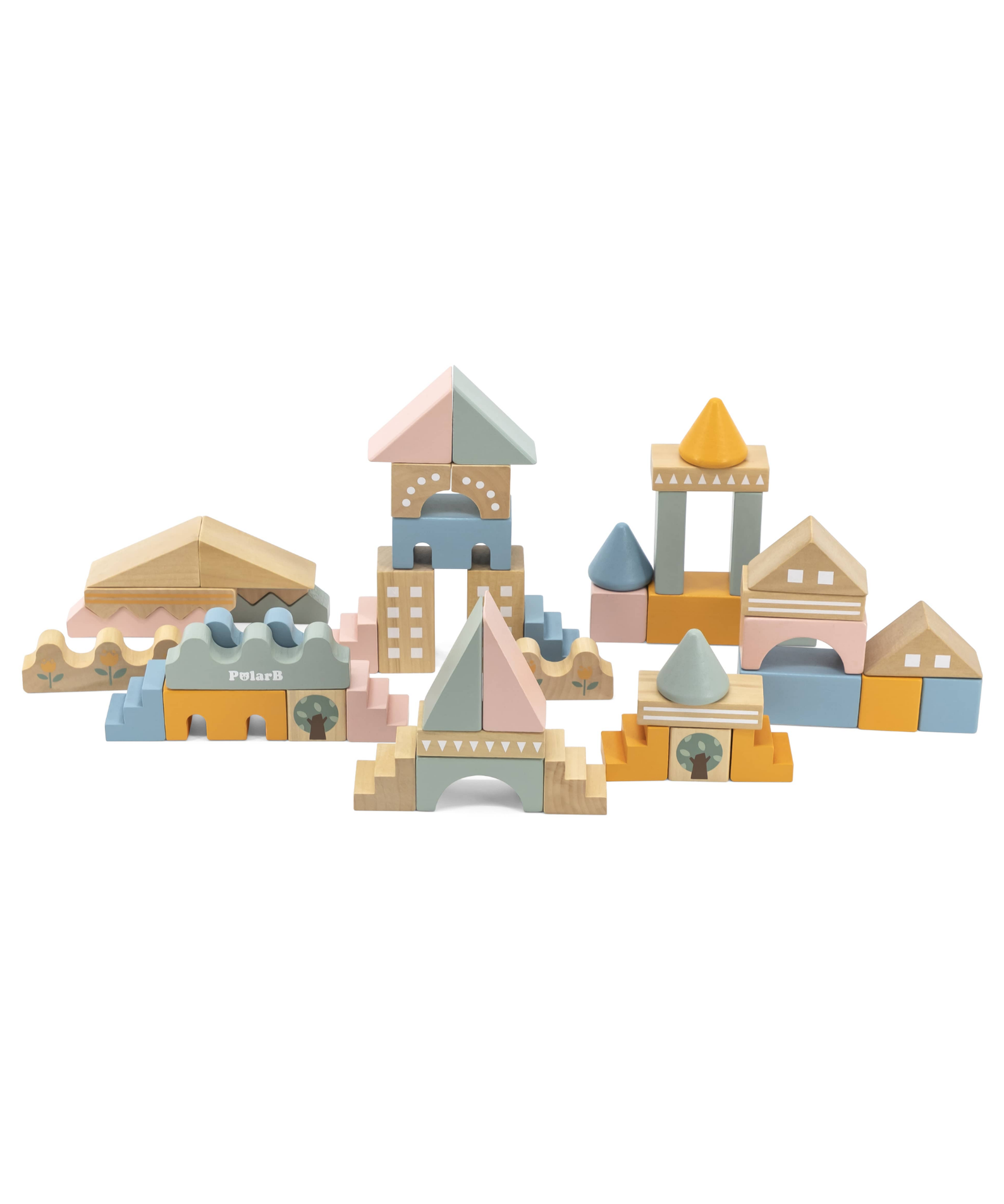 PolarB City Building Blocks Set for Toddlers, 60-Piece Wooden Construction Toy with Vehicles and Accessories, Educational and Imaginative Play for Ages 2 and Up