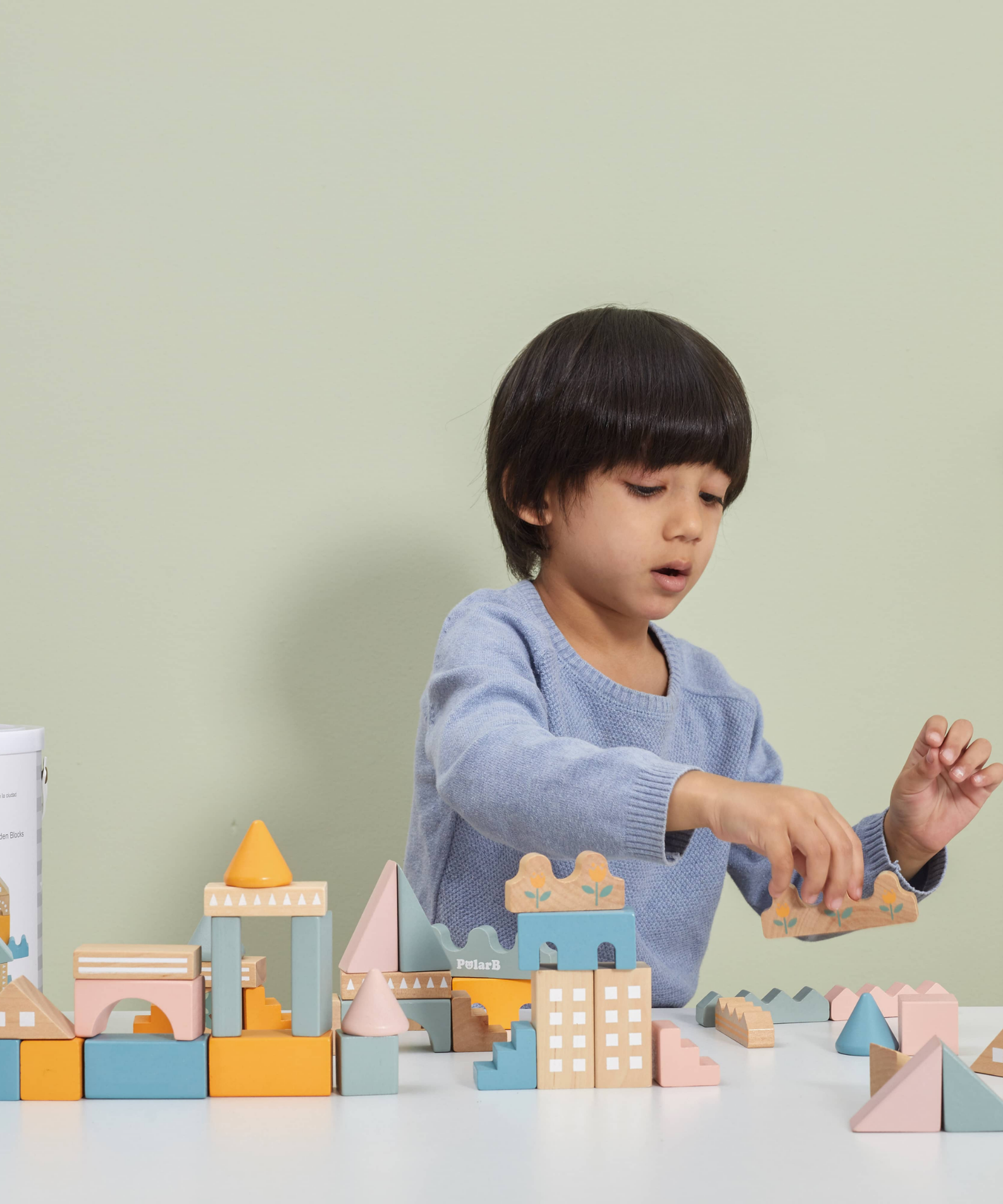 PolarB City Building Blocks Set for Toddlers, 60-Piece Wooden Construction Toy with Vehicles and Accessories, Educational and Imaginative Play for Ages 2 and Up