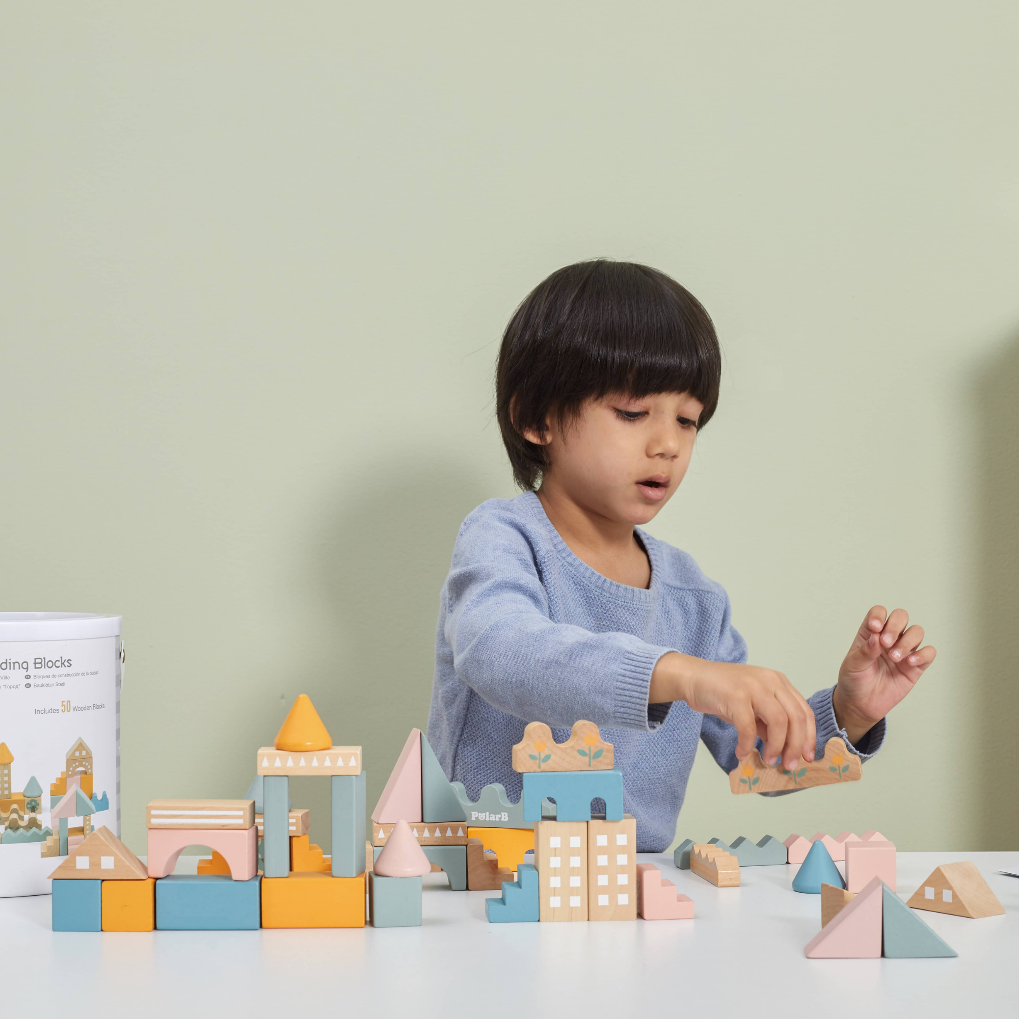 PolarB City Building Blocks Set for Toddlers, 60-Piece Wooden Construction Toy with Vehicles and Accessories, Educational and Imaginative Play for Ages 2 and Up