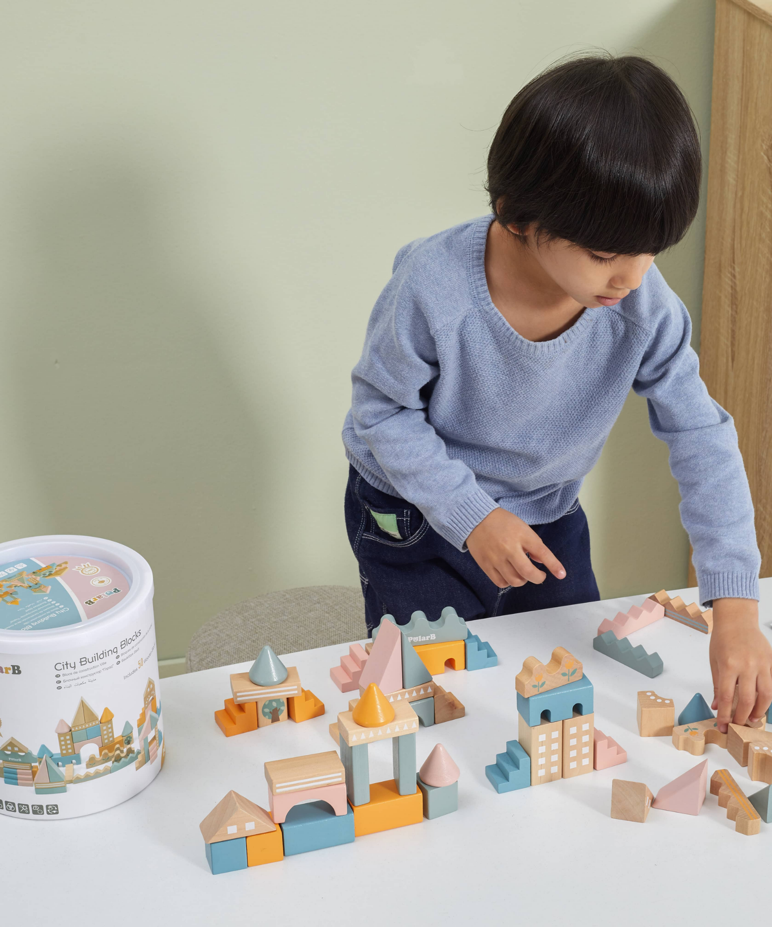 PolarB City Building Blocks Set for Toddlers, 60-Piece Wooden Construction Toy with Vehicles and Accessories, Educational and Imaginative Play for Ages 2 and Up