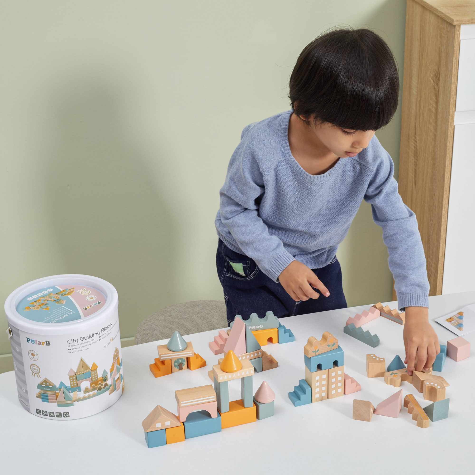 PolarB City Building Blocks Set for Toddlers, 60-Piece Wooden Construction Toy with Vehicles and Accessories, Educational and Imaginative Play for Ages 2 and Up