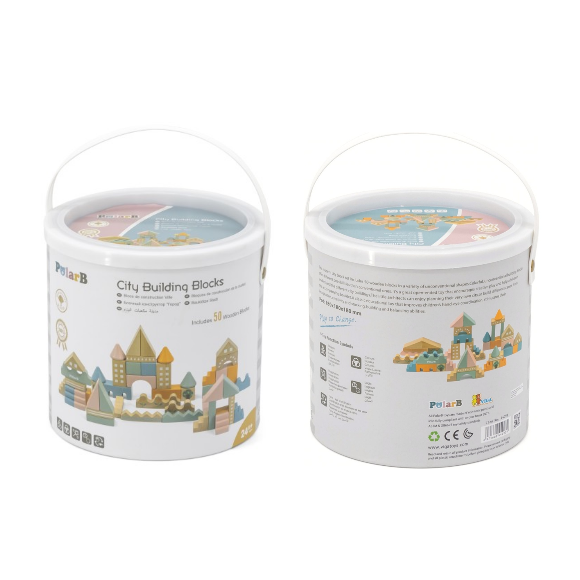 PolarB City Building Blocks Set for Toddlers, 60-Piece Wooden Construction Toy with Vehicles and Accessories, Educational and Imaginative Play for Ages 2 and Up