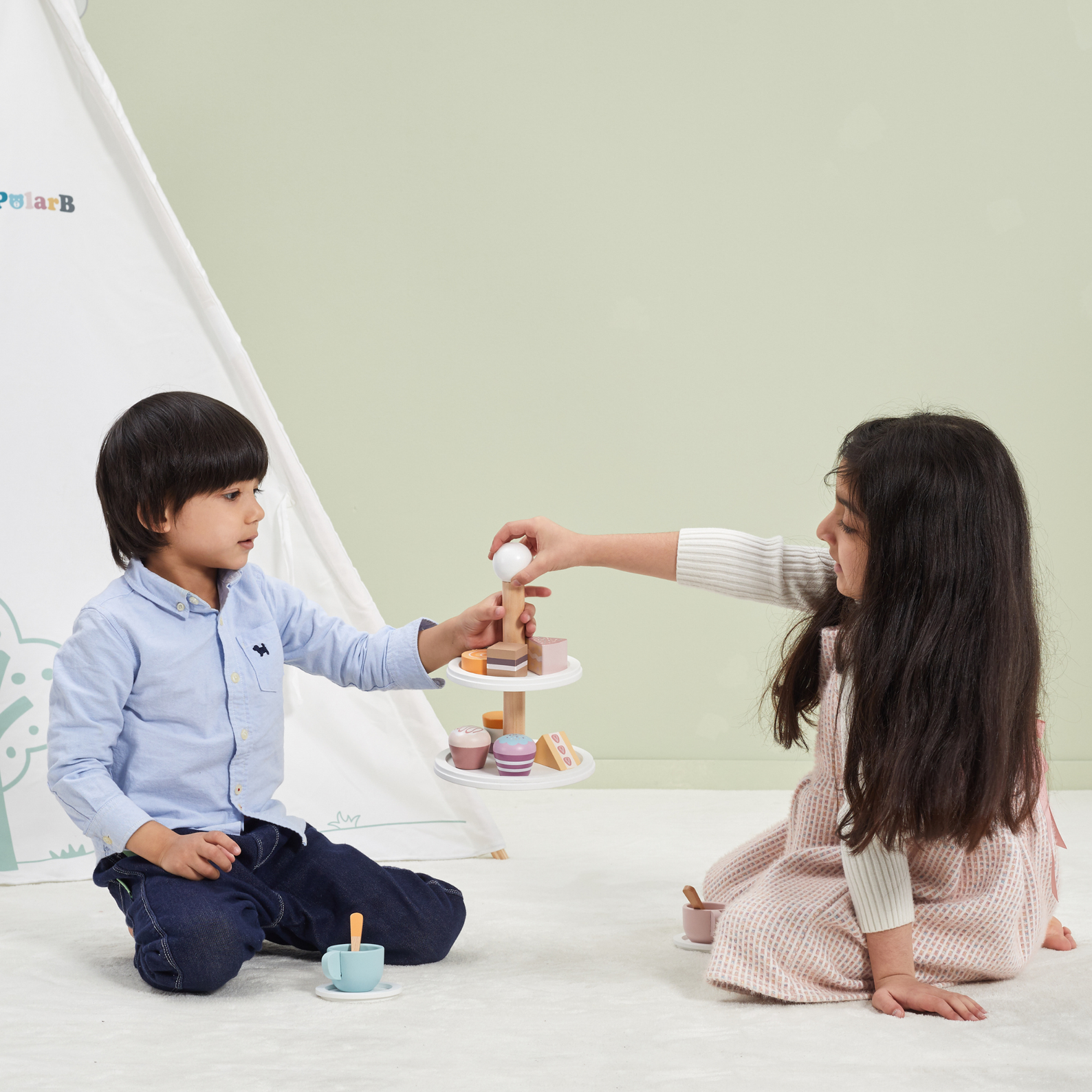 PolarB Afternoon Tea Set Wooden Roleplay Toy for Ages 3 and Up  Includes 9 Cakes, 2 Cups, Plates, Spoons, and 2-Tier Cake Stand