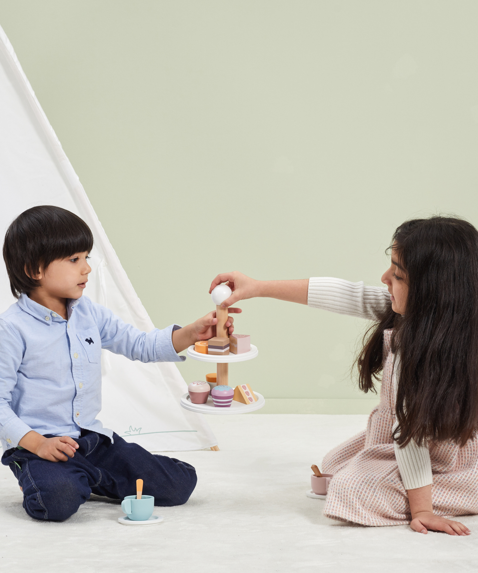 PolarB Afternoon Tea Set Wooden Roleplay Toy for Ages 3 and Up  Includes 9 Cakes, 2 Cups, Plates, Spoons, and 2-Tier Cake Stand