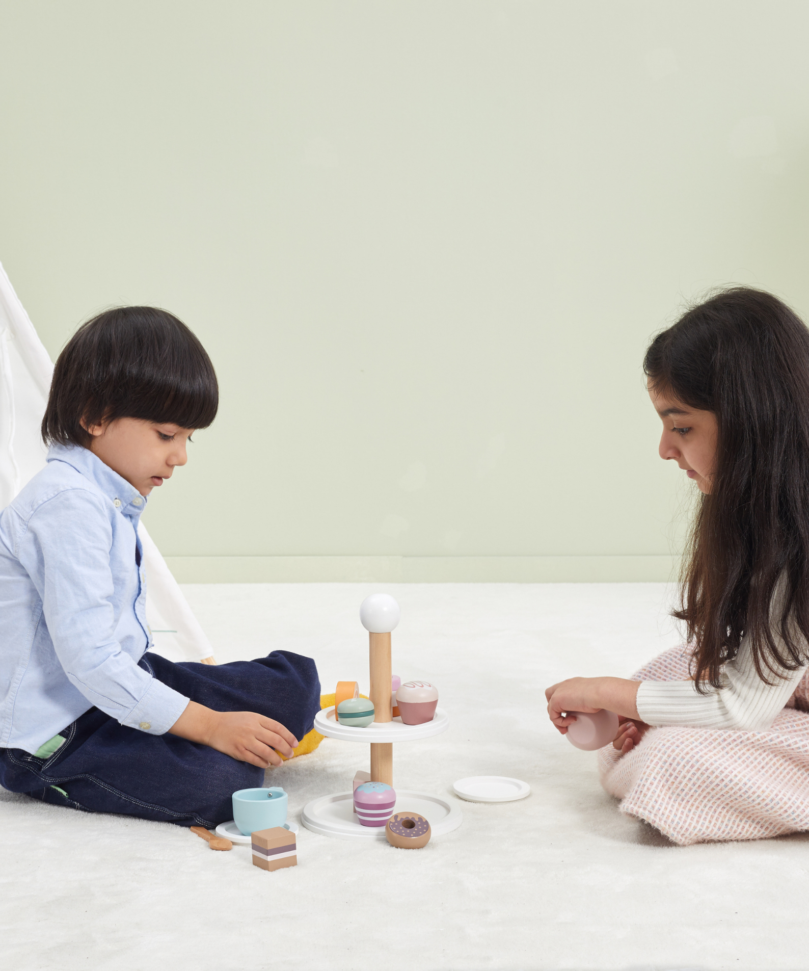 PolarB Afternoon Tea Set Wooden Roleplay Toy for Ages 3 and Up  Includes 9 Cakes, 2 Cups, Plates, Spoons, and 2-Tier Cake Stand