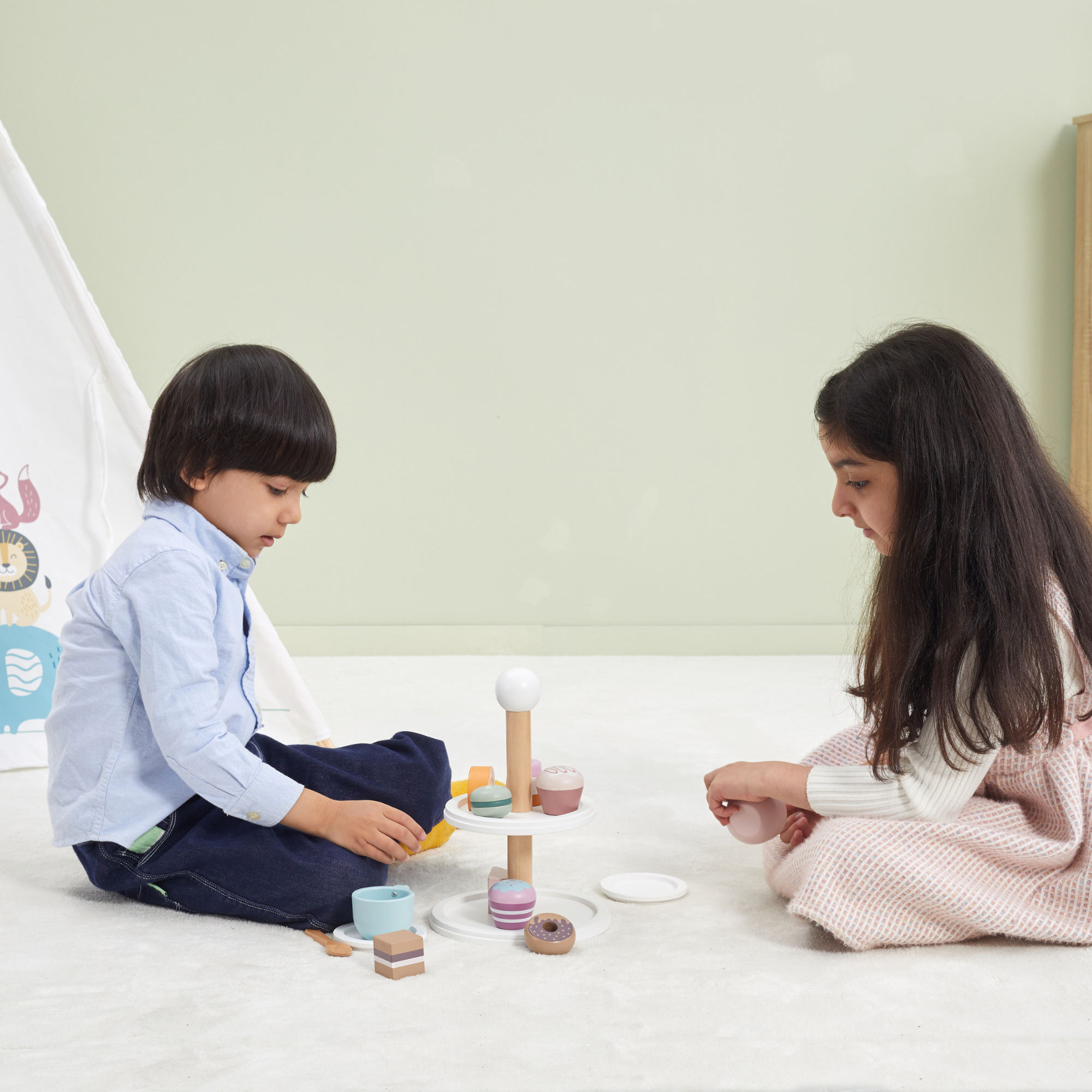 PolarB Afternoon Tea Set Wooden Roleplay Toy for Ages 3 and Up  Includes 9 Cakes, 2 Cups, Plates, Spoons, and 2-Tier Cake Stand