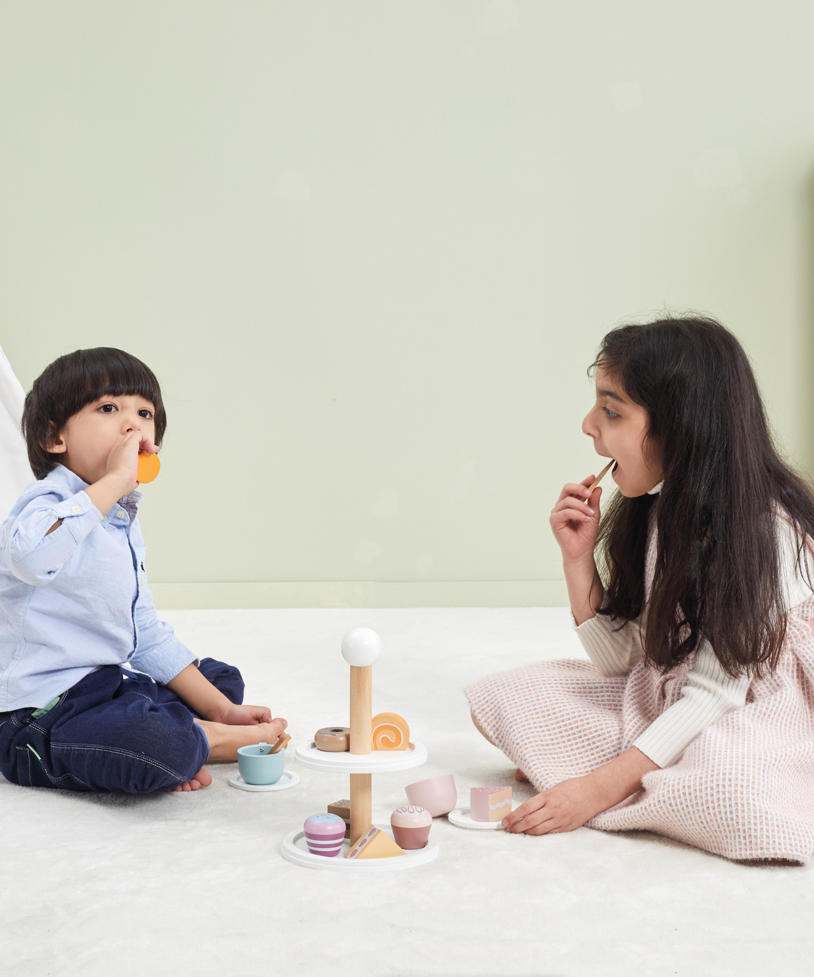 PolarB Afternoon Tea Set Wooden Roleplay Toy for Ages 3 and Up  Includes 9 Cakes, 2 Cups, Plates, Spoons, and 2-Tier Cake Stand