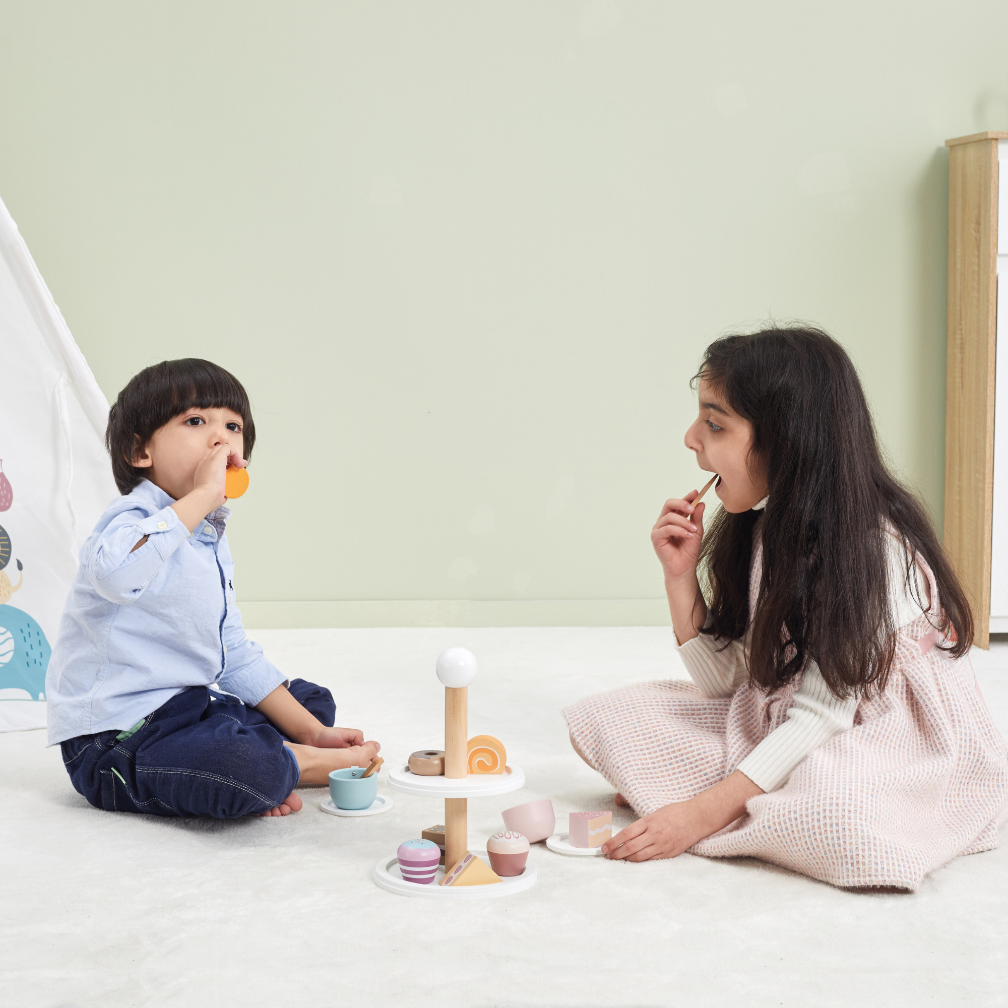 PolarB Afternoon Tea Set Wooden Roleplay Toy for Ages 3 and Up  Includes 9 Cakes, 2 Cups, Plates, Spoons, and 2-Tier Cake Stand