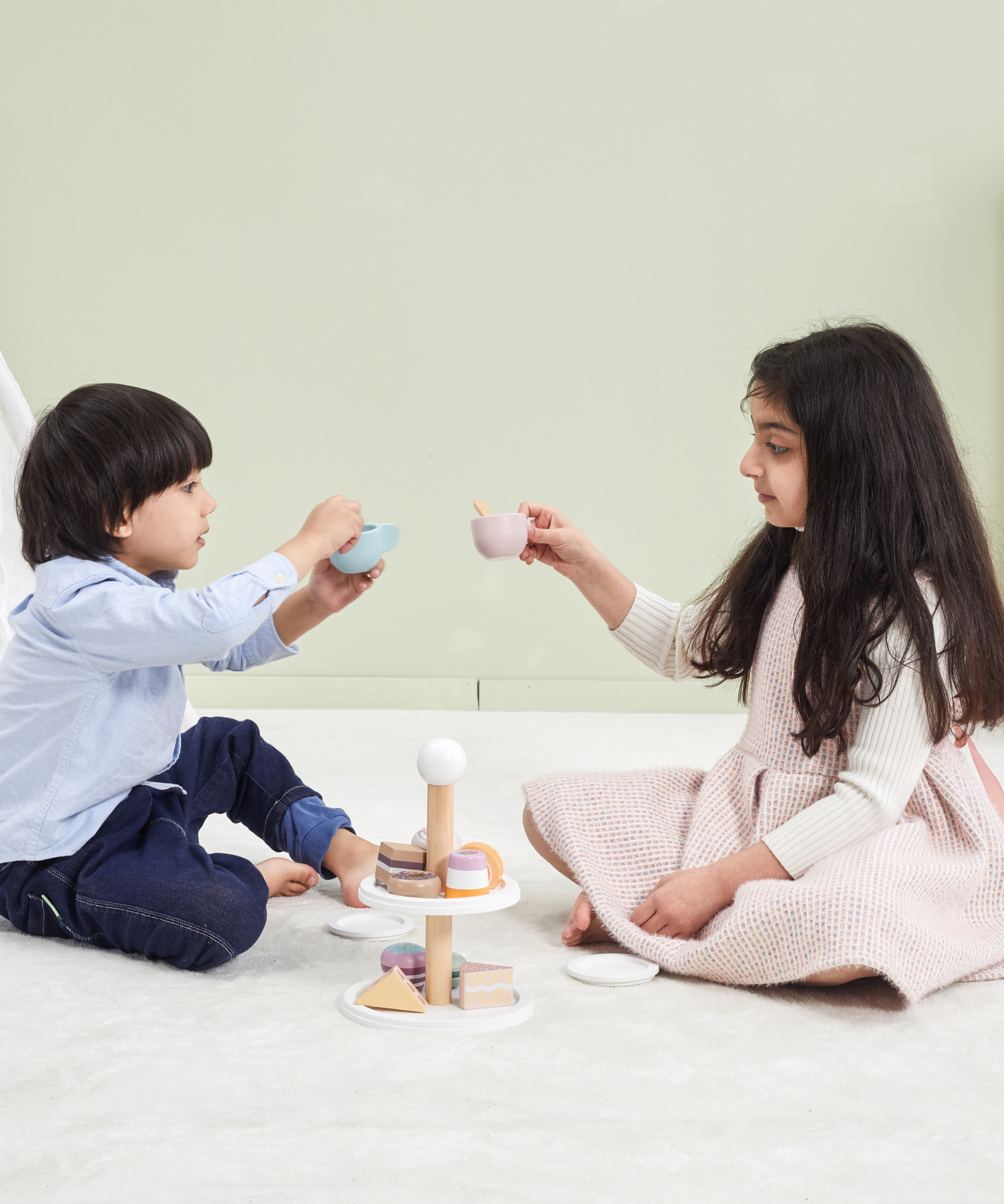 PolarB Afternoon Tea Set Wooden Roleplay Toy for Ages 3 and Up  Includes 9 Cakes, 2 Cups, Plates, Spoons, and 2-Tier Cake Stand