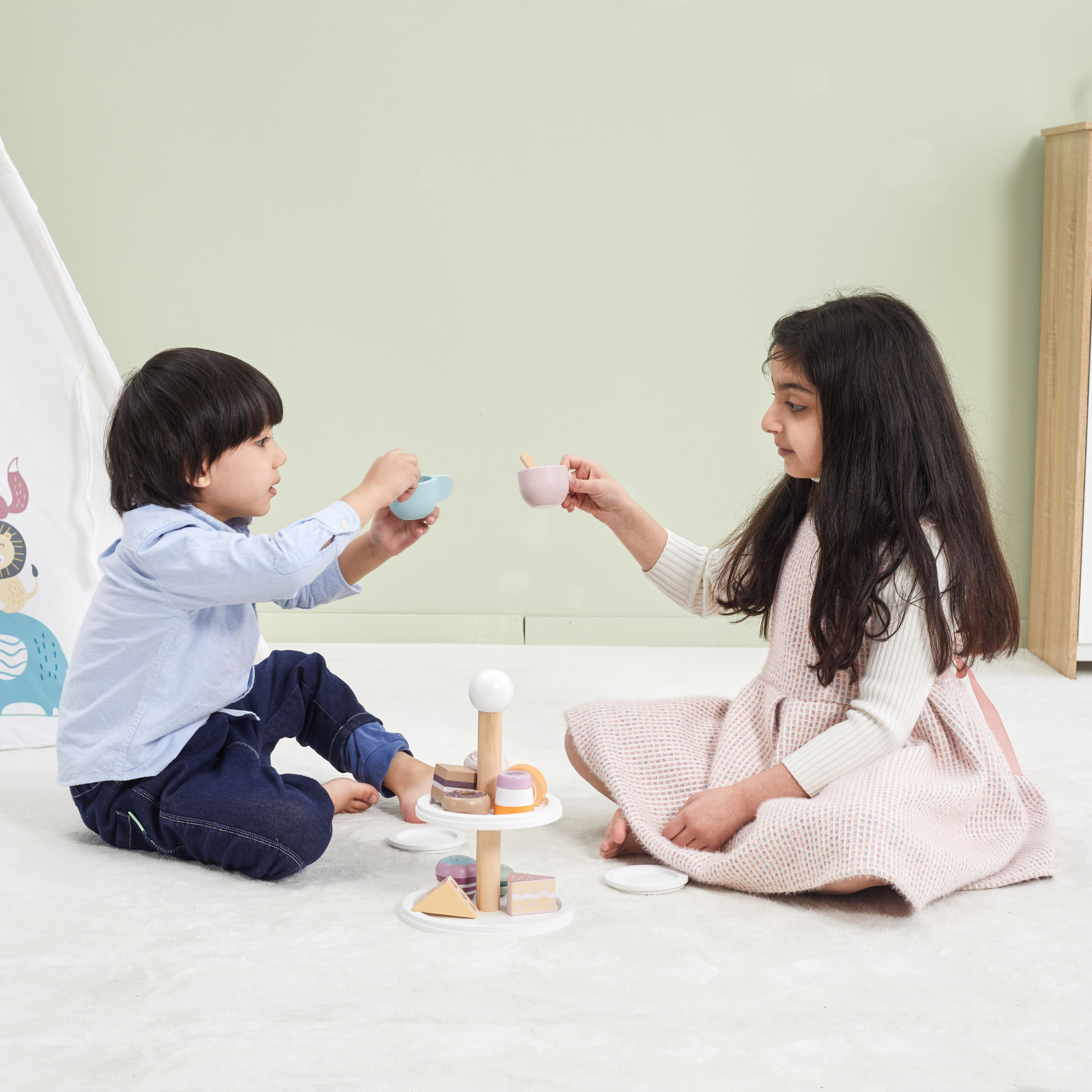 PolarB Afternoon Tea Set Wooden Roleplay Toy for Ages 3 and Up  Includes 9 Cakes, 2 Cups, Plates, Spoons, and 2-Tier Cake Stand