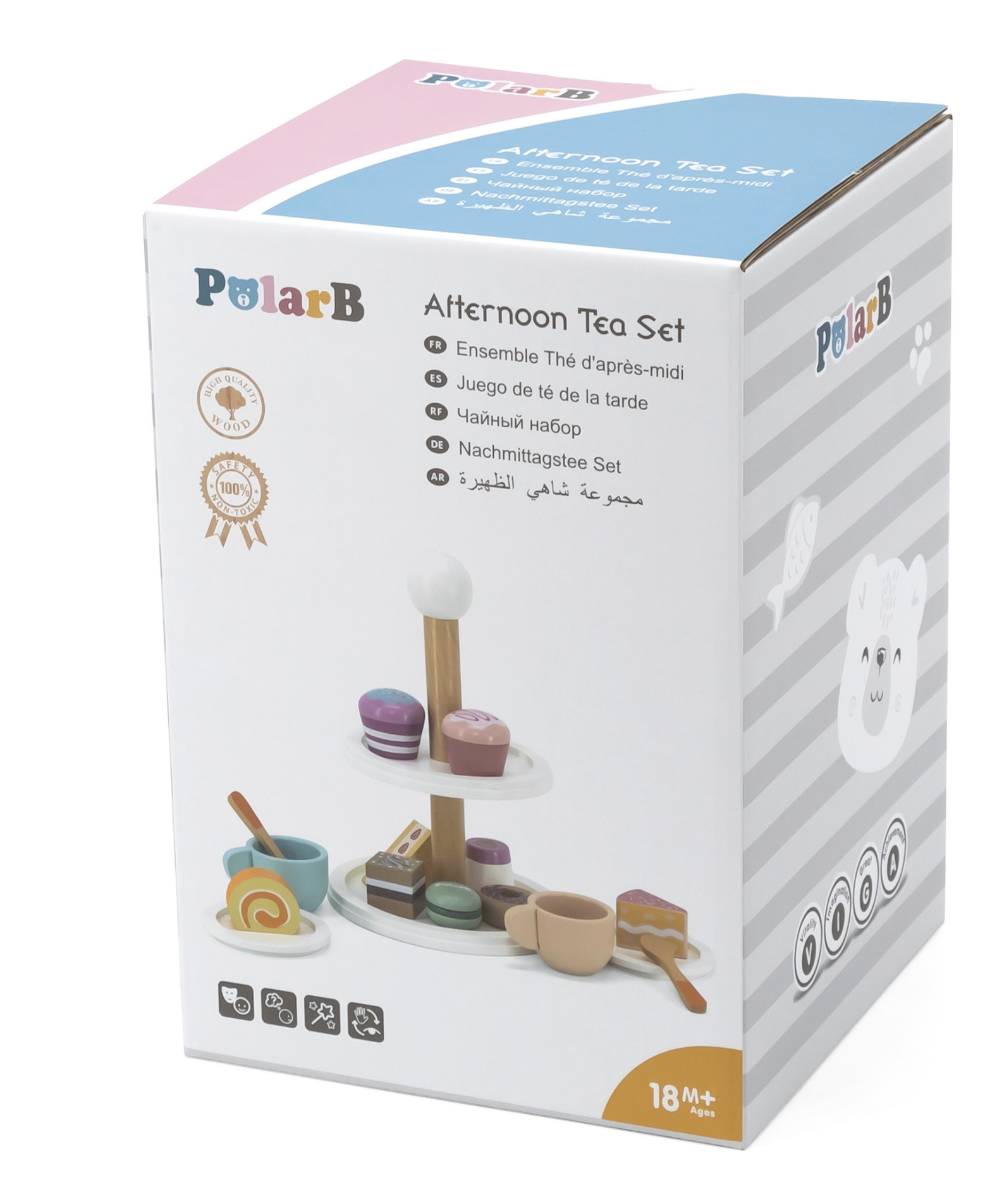 PolarB Afternoon Tea Set Wooden Roleplay Toy for Ages 3 and Up  Includes 9 Cakes, 2 Cups, Plates, Spoons, and 2-Tier Cake Stand