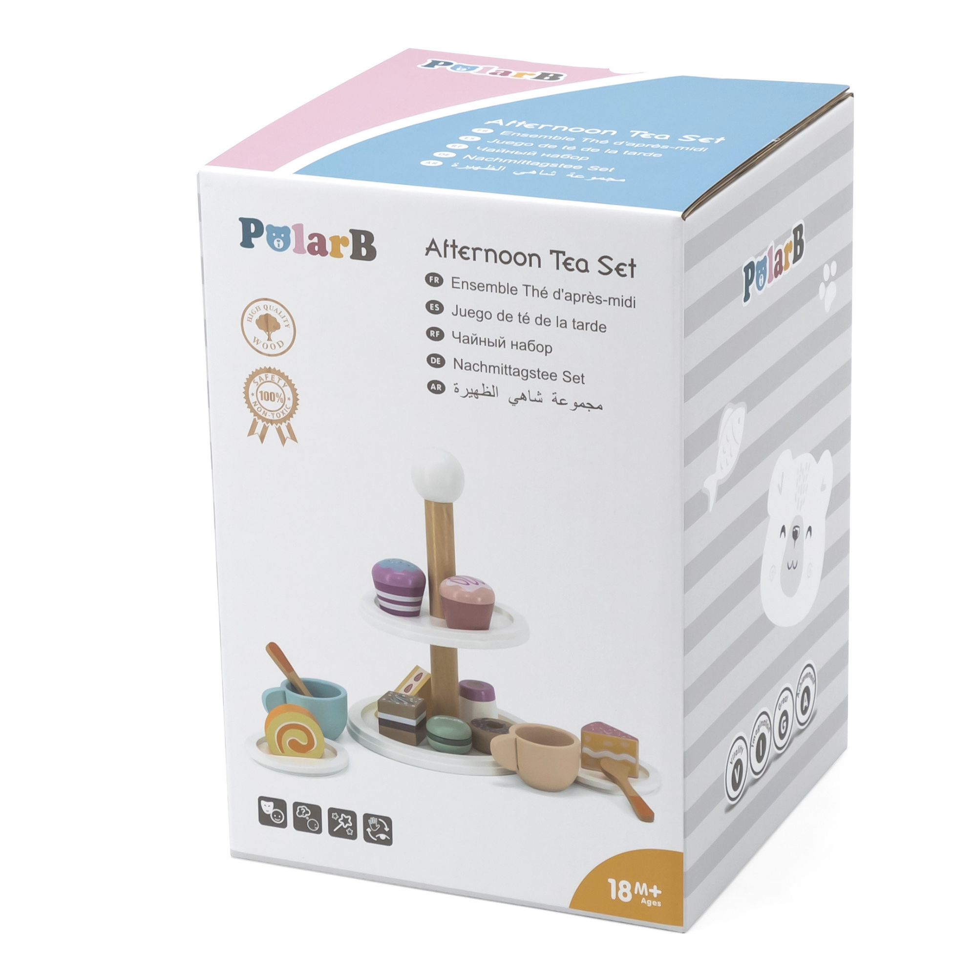 PolarB Afternoon Tea Set Wooden Roleplay Toy for Ages 3 and Up  Includes 9 Cakes, 2 Cups, Plates, Spoons, and 2-Tier Cake Stand