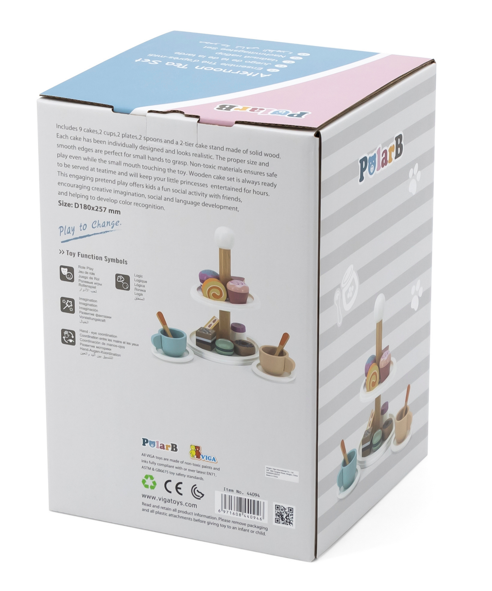 PolarB Afternoon Tea Set Wooden Roleplay Toy for Ages 3 and Up  Includes 9 Cakes, 2 Cups, Plates, Spoons, and 2-Tier Cake Stand