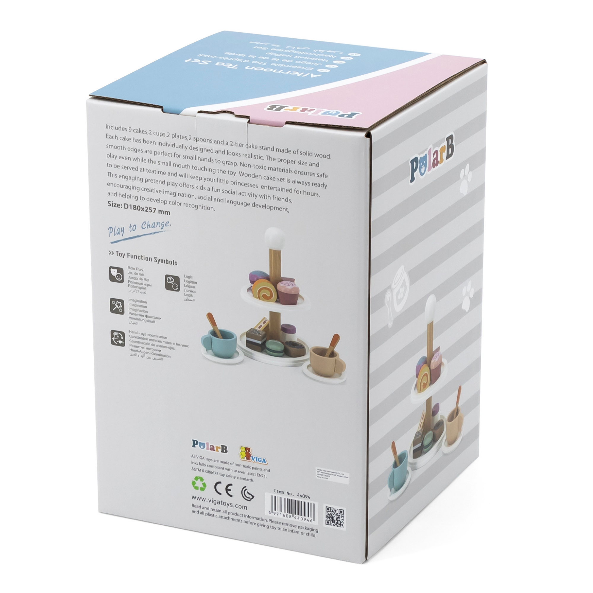 PolarB Afternoon Tea Set Wooden Roleplay Toy for Ages 3 and Up  Includes 9 Cakes, 2 Cups, Plates, Spoons, and 2-Tier Cake Stand