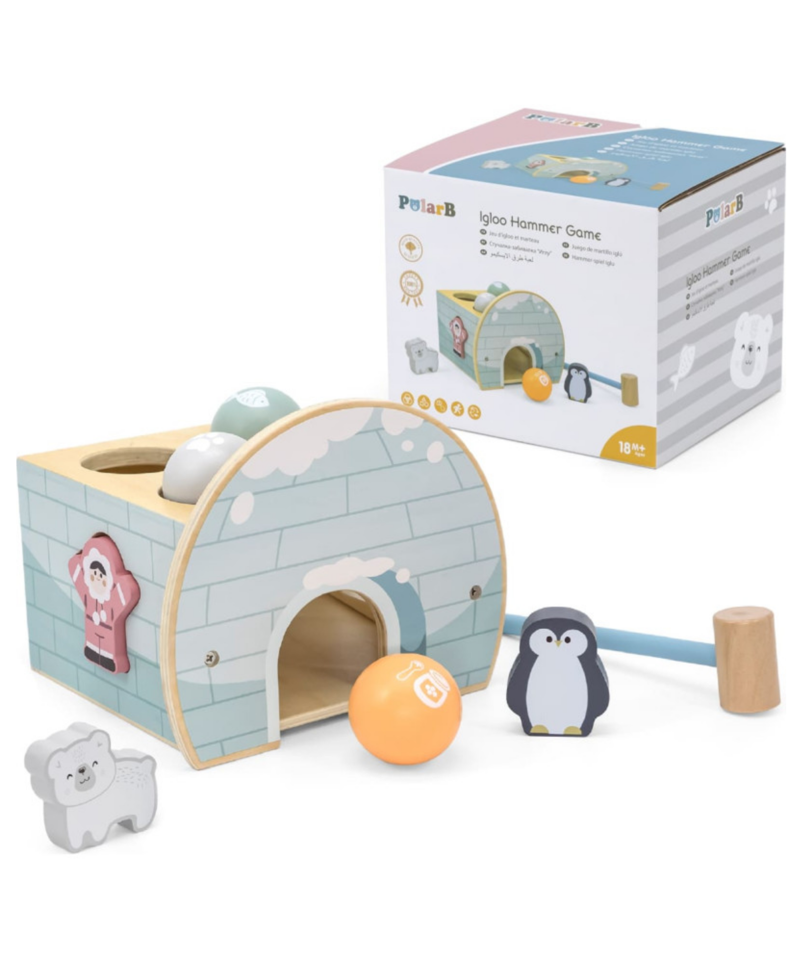 PolarB Igloo Pounding Hammer Game and Shape Sorter Toy for Toddlers, Wooden Activity Toy with Hammer, Balls and Characters, Encourages Fine Motor Skills, Age 18 Months and Up