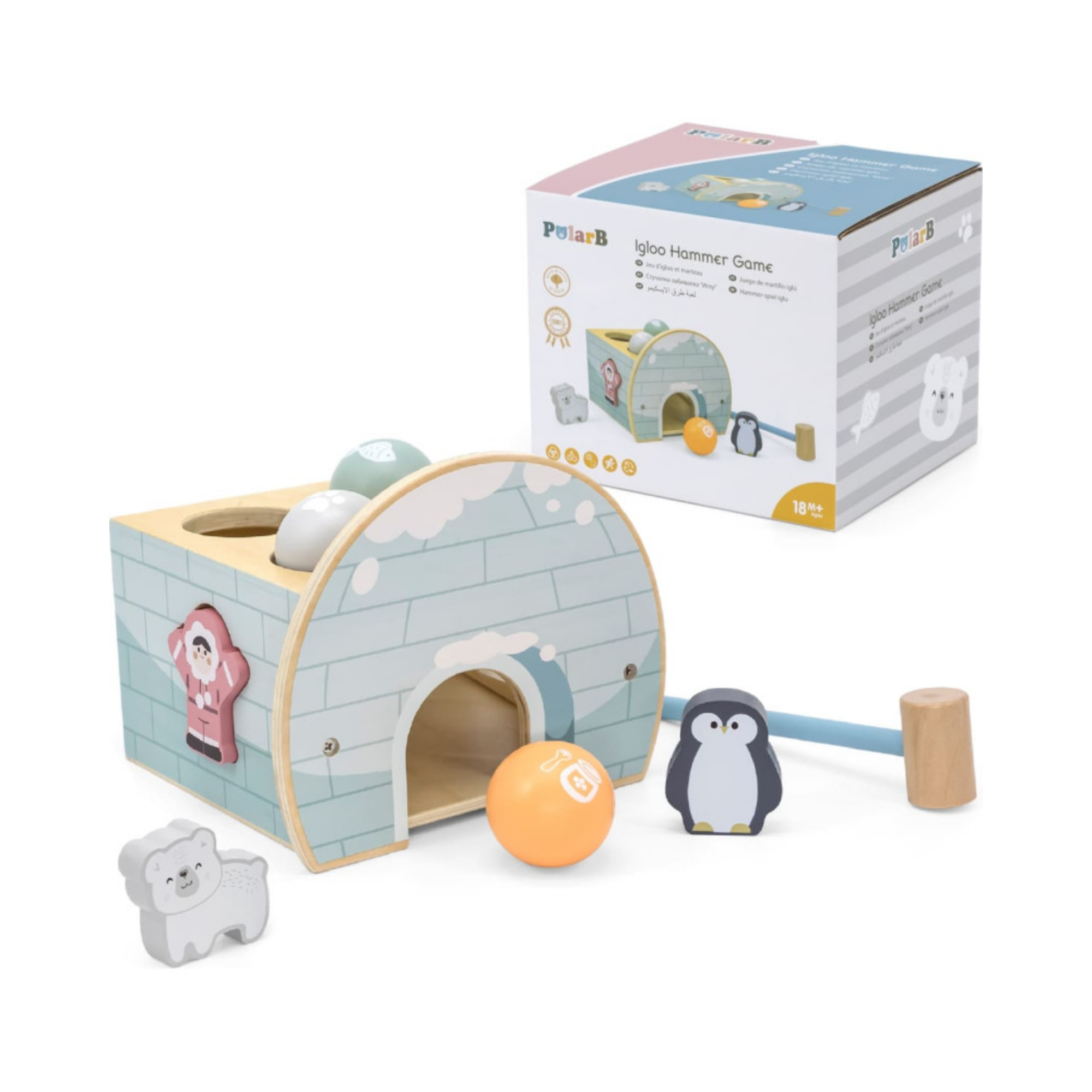 PolarB Igloo Pounding Hammer Game and Shape Sorter Toy for Toddlers, Wooden Activity Toy with Hammer, Balls and Characters, Encourages Fine Motor Skills, Age 18 Months and Up