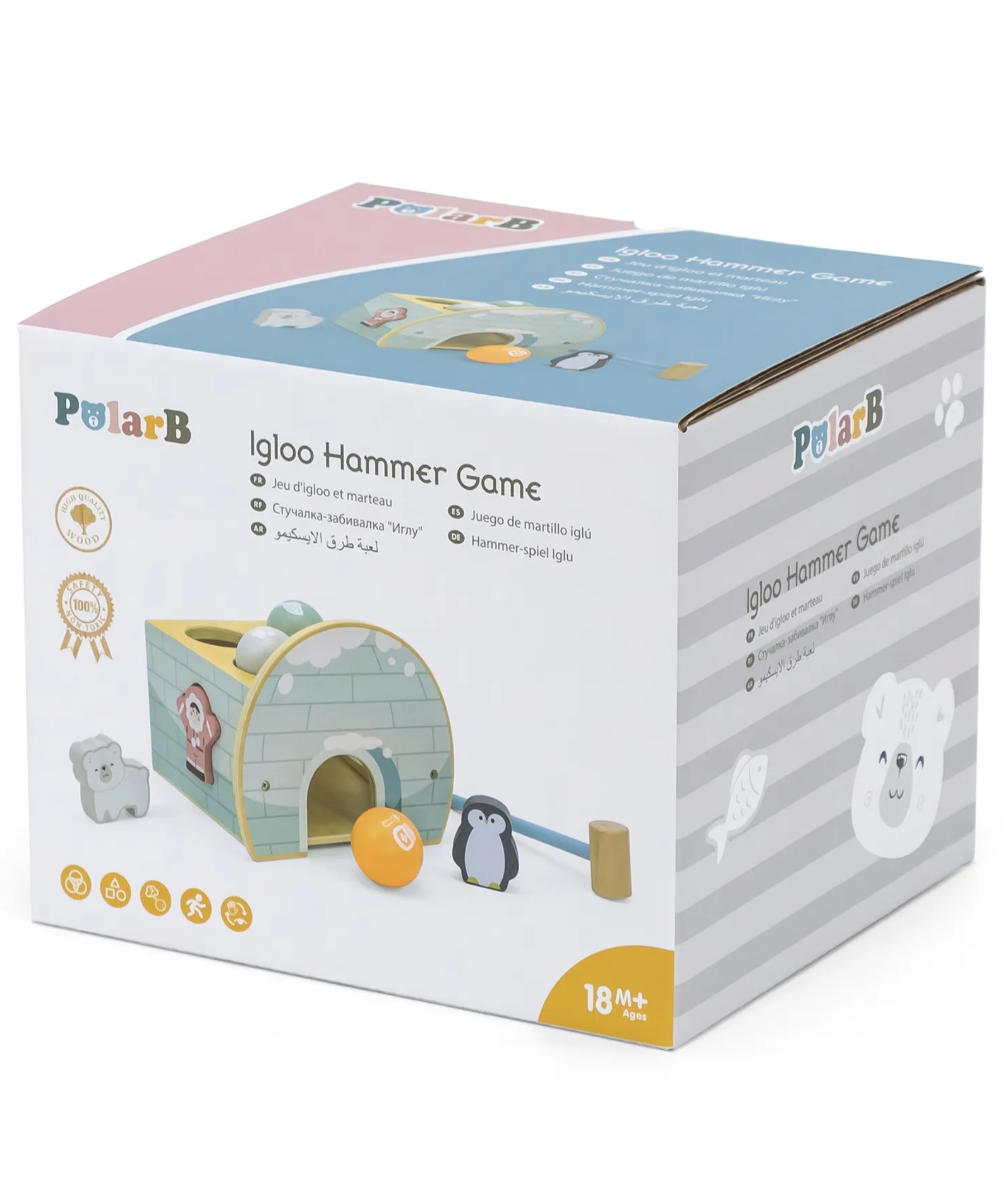 PolarB Igloo Pounding Hammer Game and Shape Sorter Toy for Toddlers, Wooden Activity Toy with Hammer, Balls and Characters, Encourages Fine Motor Skills, Age 18 Months and Up