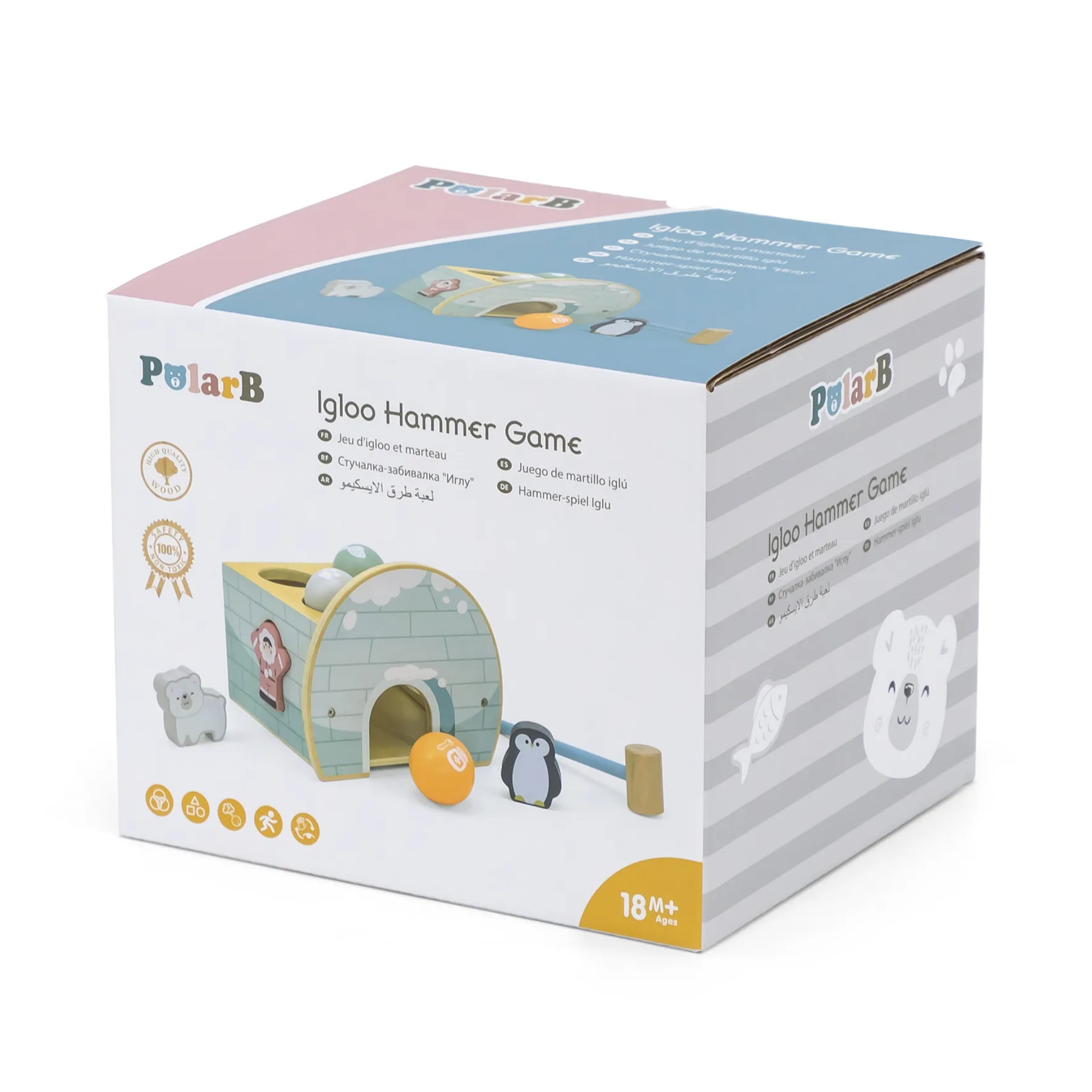 PolarB Igloo Pounding Hammer Game and Shape Sorter Toy for Toddlers, Wooden Activity Toy with Hammer, Balls and Characters, Encourages Fine Motor Skills, Age 18 Months and Up