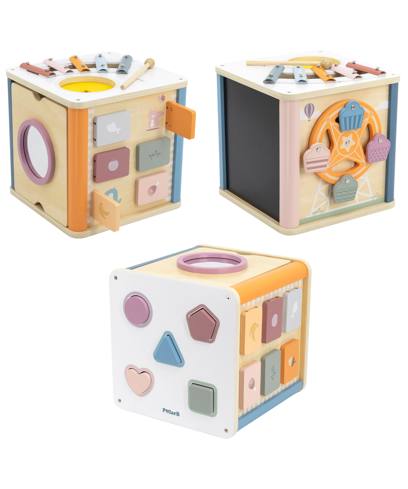 PolarB 8-in-1 Wooden Activity Cube for Toddlers, Sensory Learning Toy with Xylophone, Shape Sorter, Bead Maze, Mirror, Blackboard and More, Develops Fine Motor Skills and Creativity