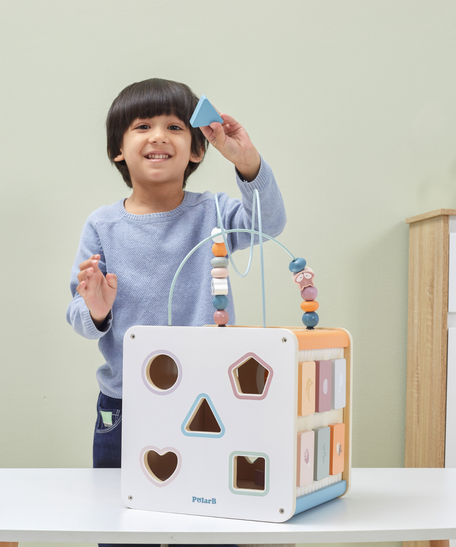 PolarB 8-in-1 Wooden Activity Cube for Toddlers, Sensory Learning Toy with Xylophone, Shape Sorter, Bead Maze, Mirror, Blackboard and More, Develops Fine Motor Skills and Creativity