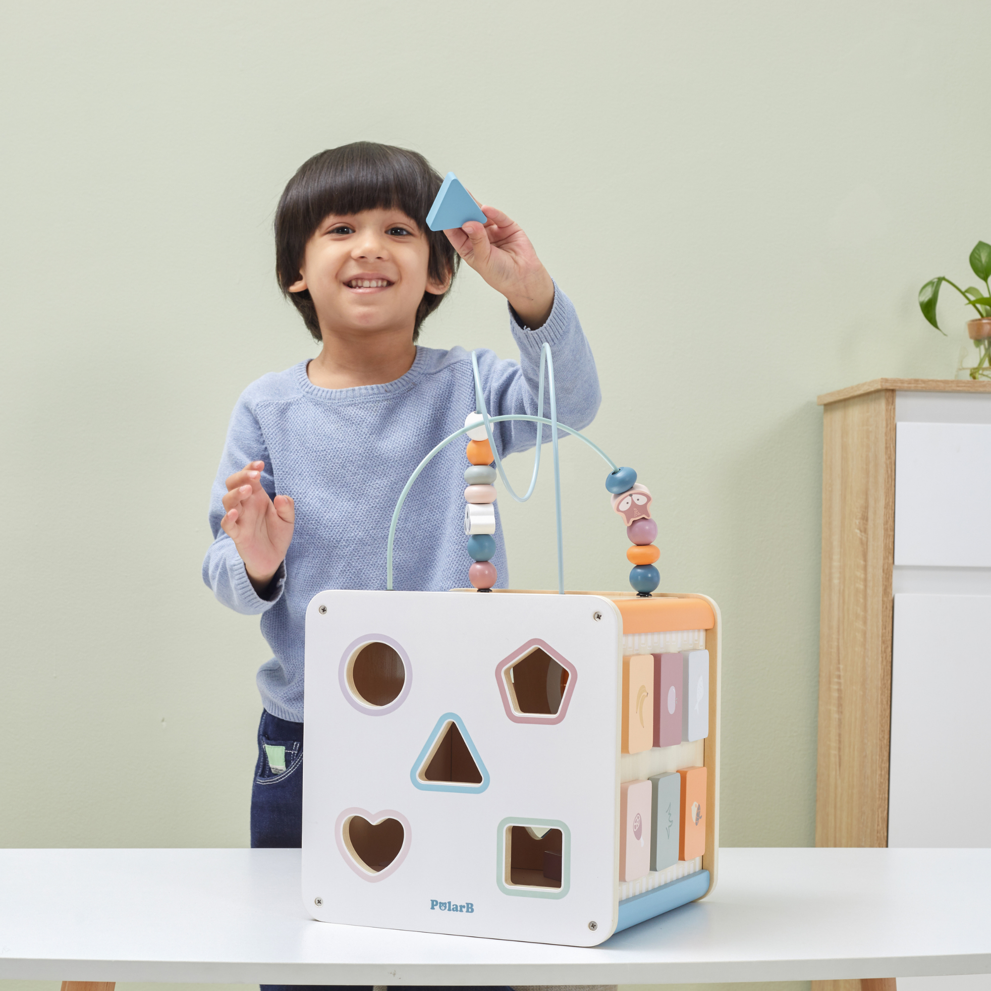 PolarB 8-in-1 Wooden Activity Cube for Toddlers, Sensory Learning Toy with Xylophone, Shape Sorter, Bead Maze, Mirror, Blackboard and More, Develops Fine Motor Skills and Creativity