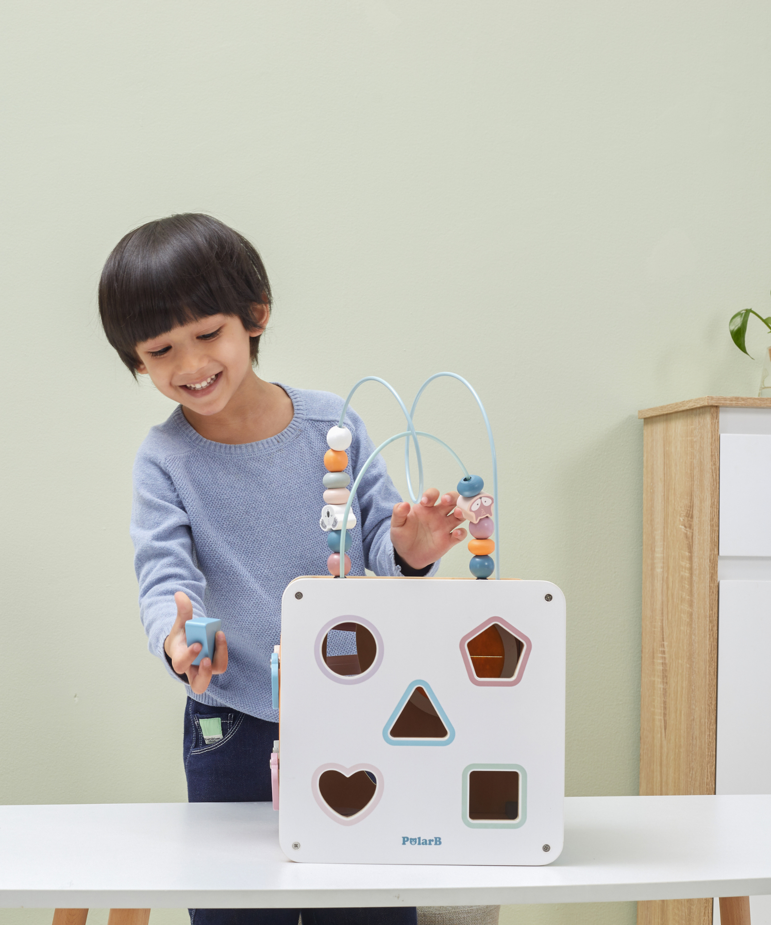 PolarB 8-in-1 Wooden Activity Cube for Toddlers, Sensory Learning Toy with Xylophone, Shape Sorter, Bead Maze, Mirror, Blackboard and More, Develops Fine Motor Skills and Creativity