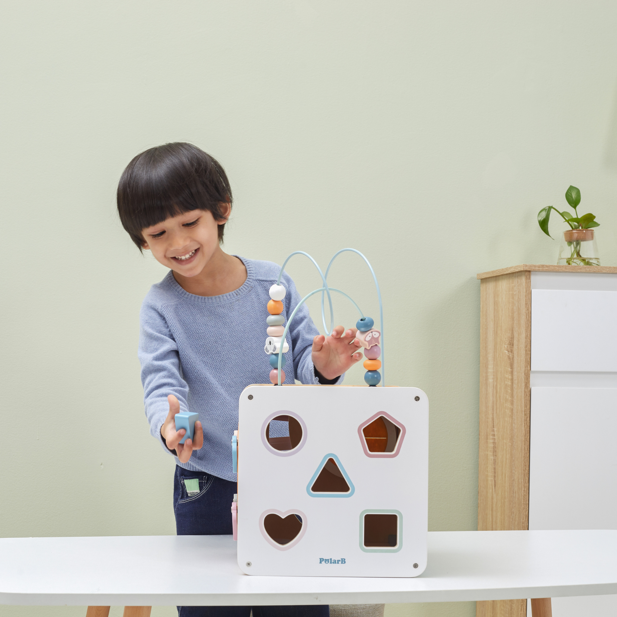 PolarB 8-in-1 Wooden Activity Cube for Toddlers, Sensory Learning Toy with Xylophone, Shape Sorter, Bead Maze, Mirror, Blackboard and More, Develops Fine Motor Skills and Creativity