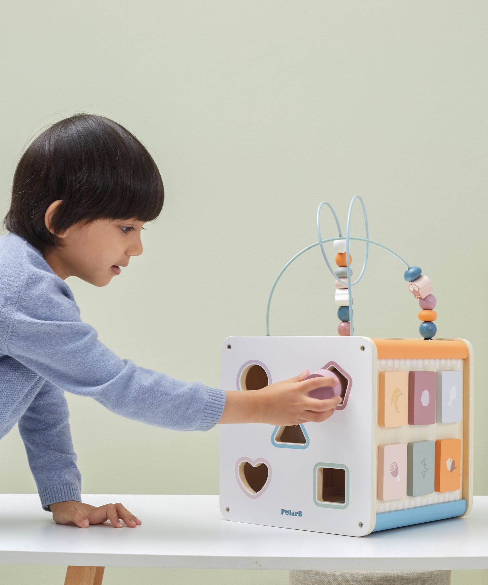 PolarB 8-in-1 Wooden Activity Cube for Toddlers, Sensory Learning Toy with Xylophone, Shape Sorter, Bead Maze, Mirror, Blackboard and More, Develops Fine Motor Skills and Creativity