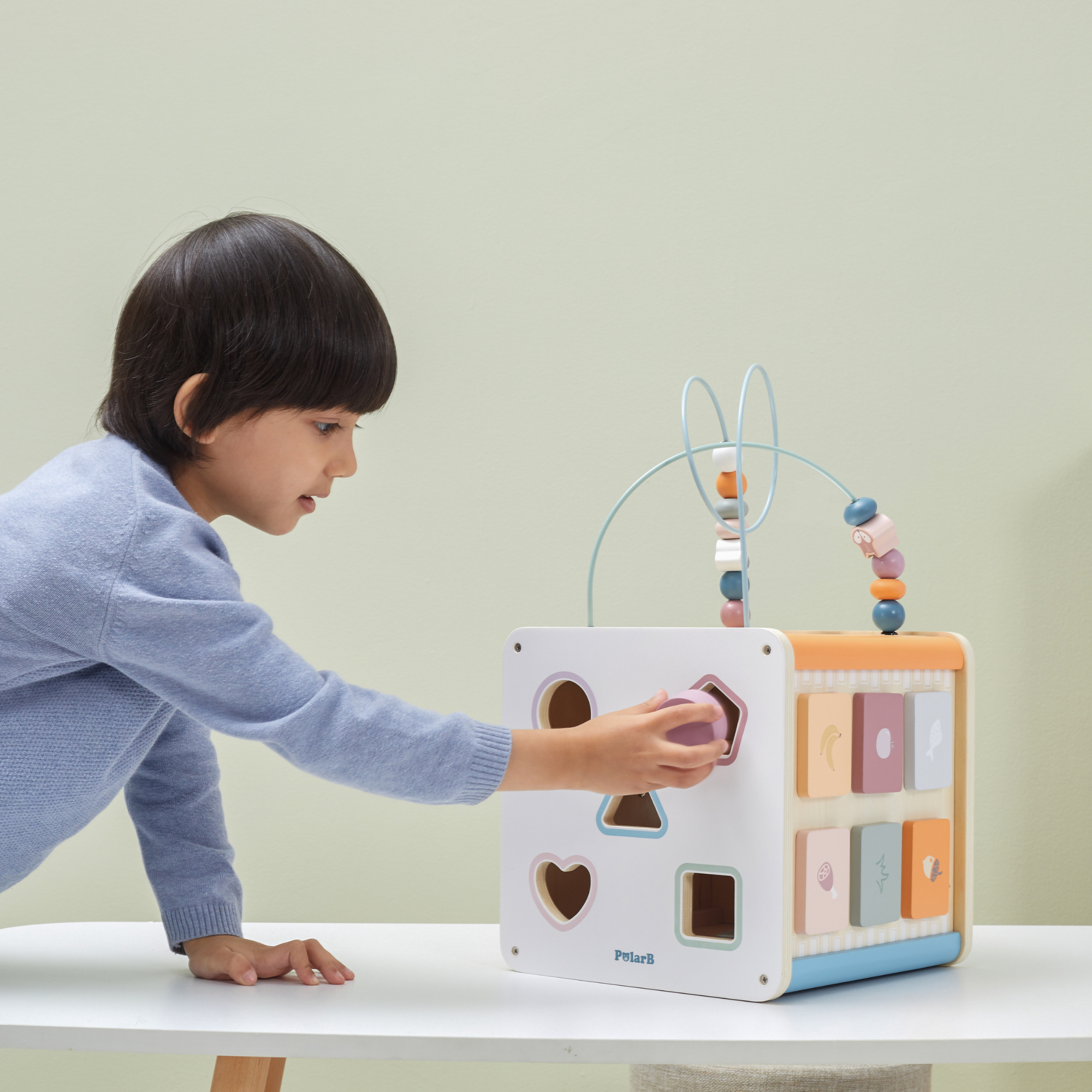 PolarB 8-in-1 Wooden Activity Cube for Toddlers, Sensory Learning Toy with Xylophone, Shape Sorter, Bead Maze, Mirror, Blackboard and More, Develops Fine Motor Skills and Creativity
