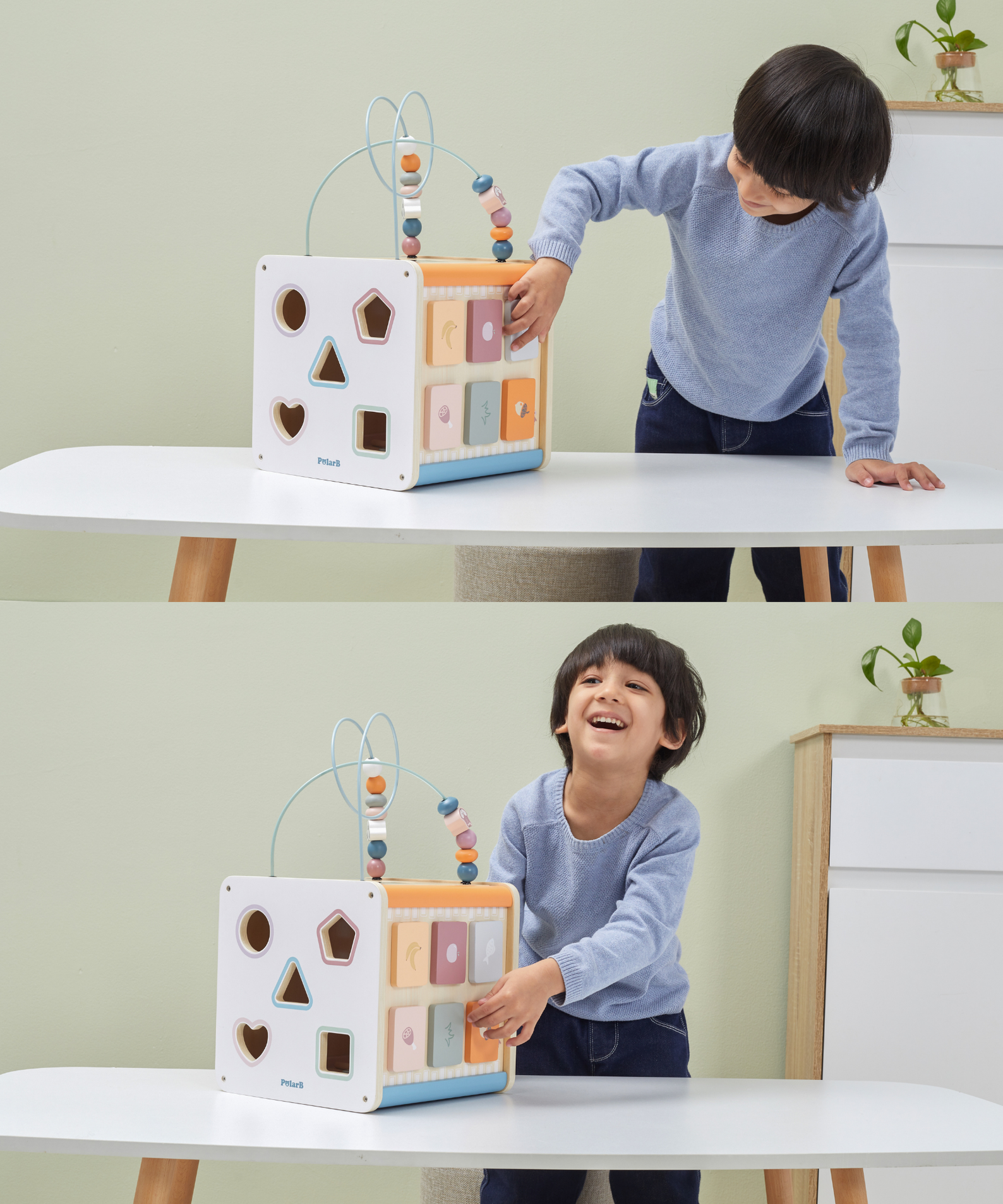 PolarB 8-in-1 Wooden Activity Cube for Toddlers, Sensory Learning Toy with Xylophone, Shape Sorter, Bead Maze, Mirror, Blackboard and More, Develops Fine Motor Skills and Creativity