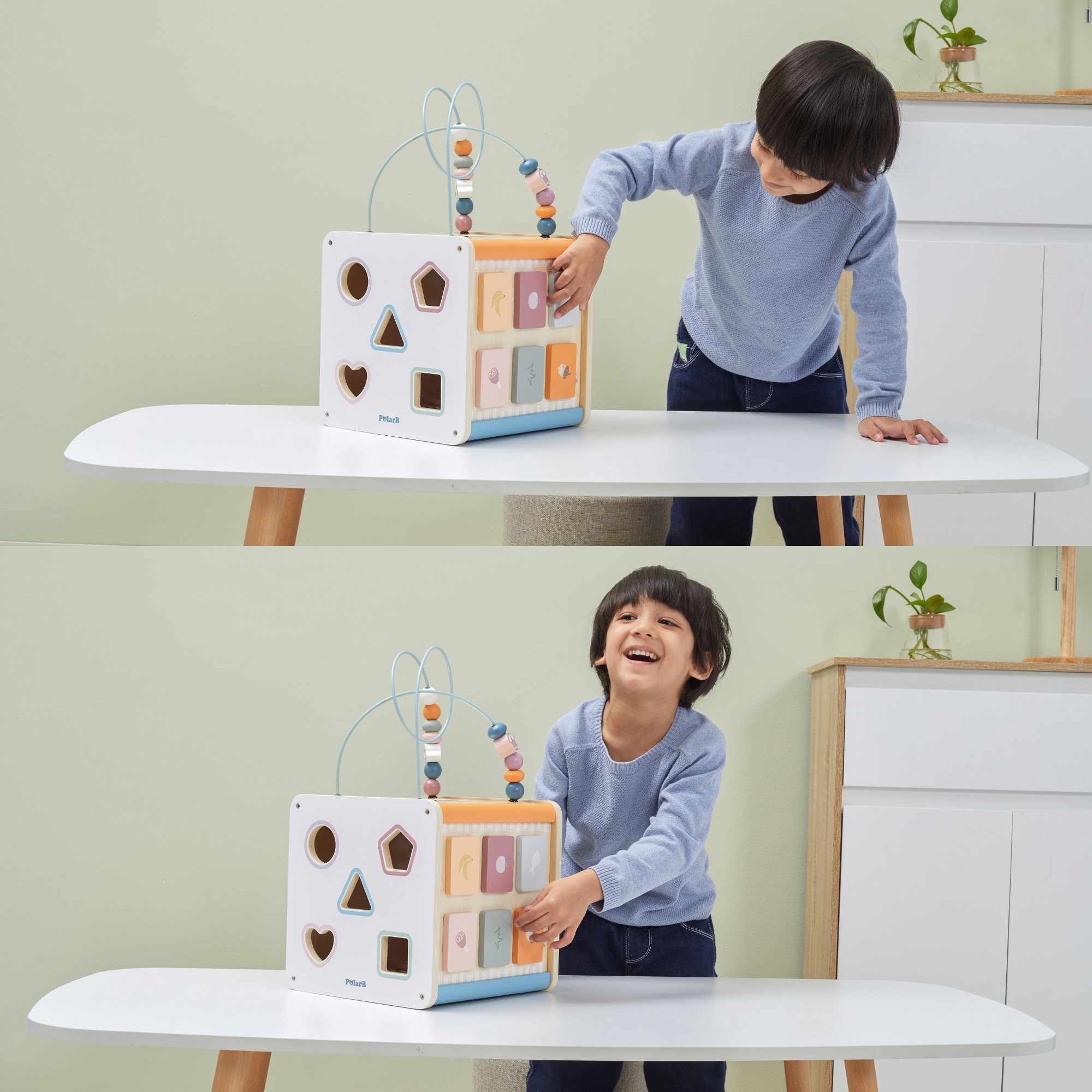 PolarB 8-in-1 Wooden Activity Cube for Toddlers, Sensory Learning Toy with Xylophone, Shape Sorter, Bead Maze, Mirror, Blackboard and More, Develops Fine Motor Skills and Creativity