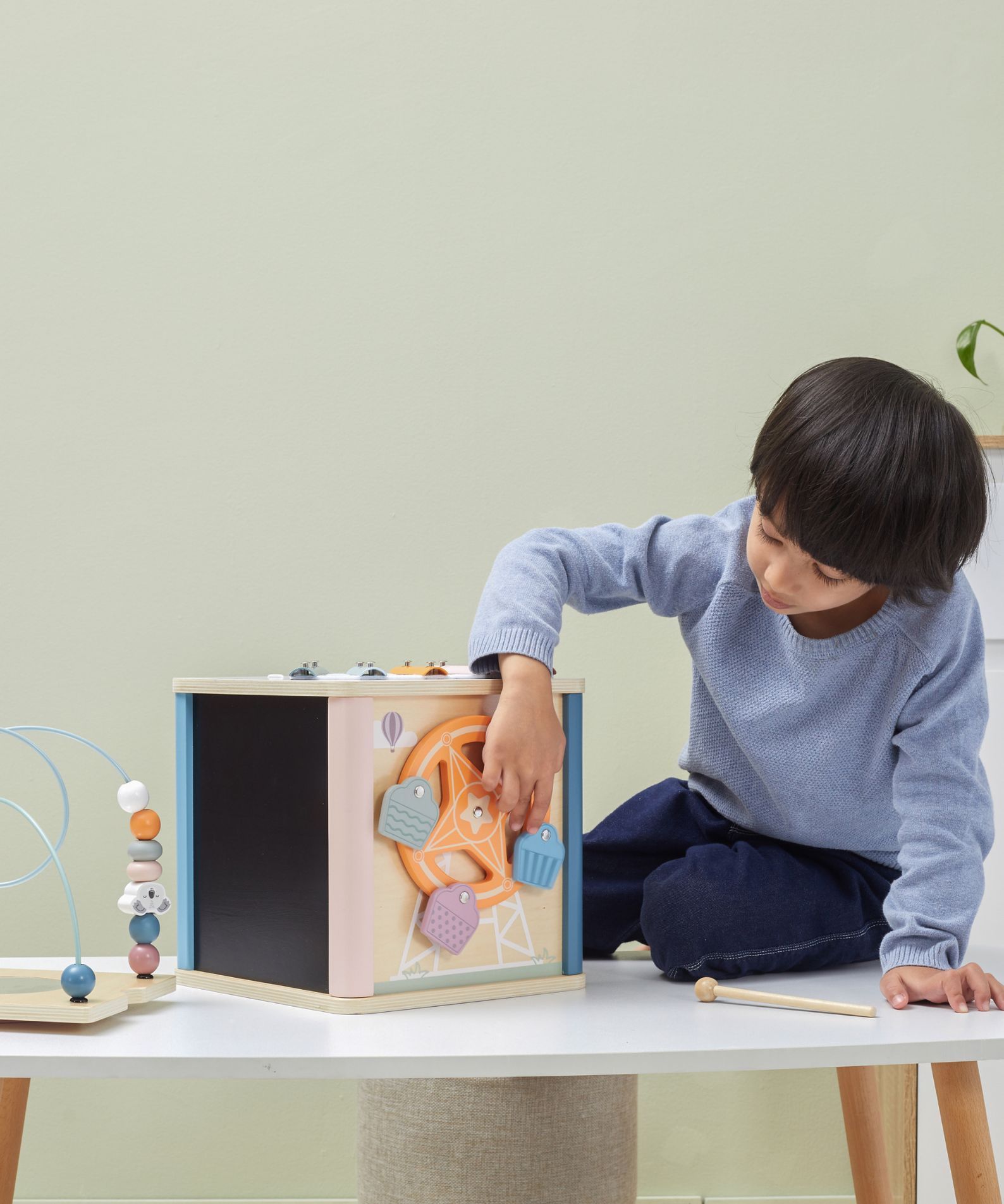PolarB 8-in-1 Wooden Activity Cube for Toddlers, Sensory Learning Toy with Xylophone, Shape Sorter, Bead Maze, Mirror, Blackboard and More, Develops Fine Motor Skills and Creativity