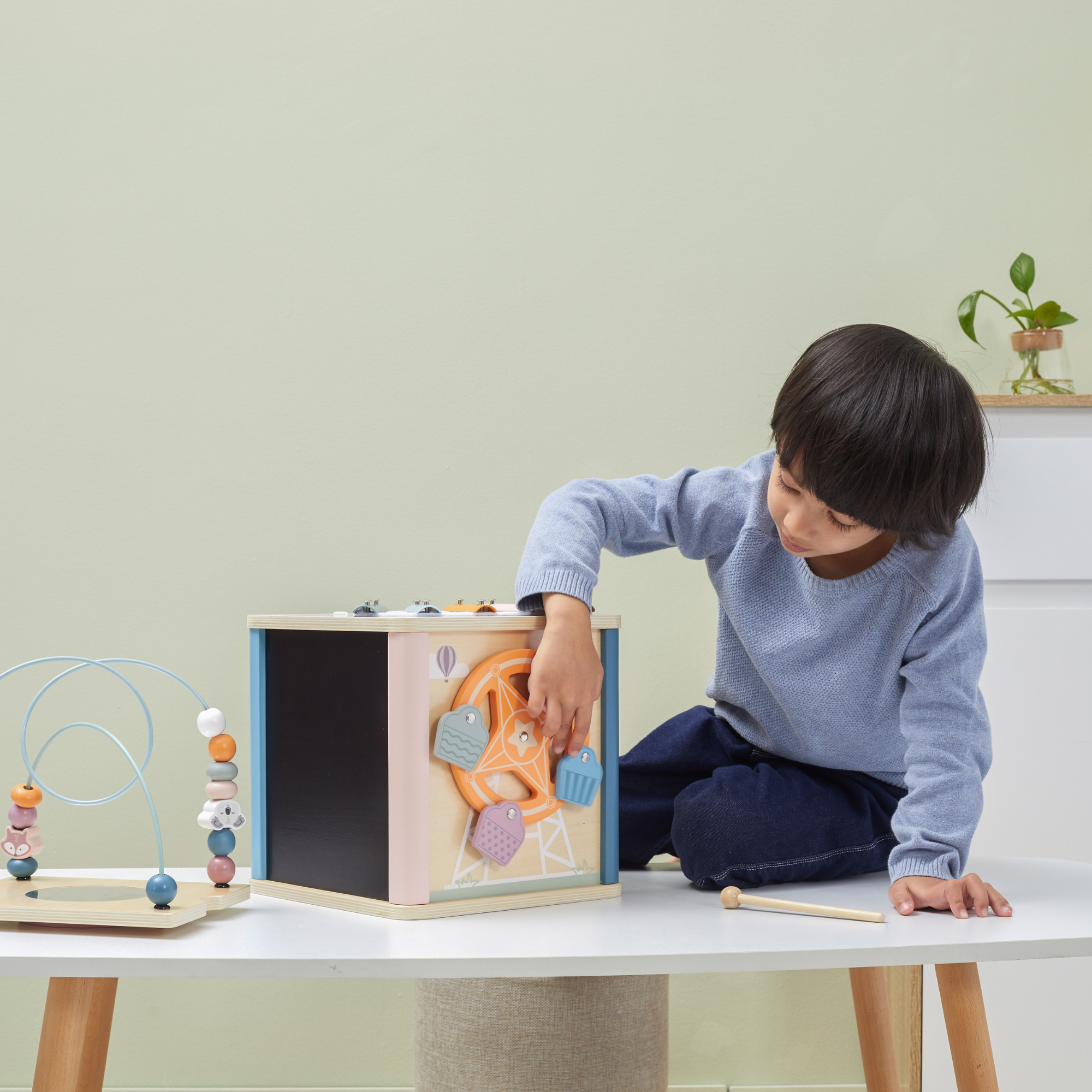 PolarB 8-in-1 Wooden Activity Cube for Toddlers, Sensory Learning Toy with Xylophone, Shape Sorter, Bead Maze, Mirror, Blackboard and More, Develops Fine Motor Skills and Creativity