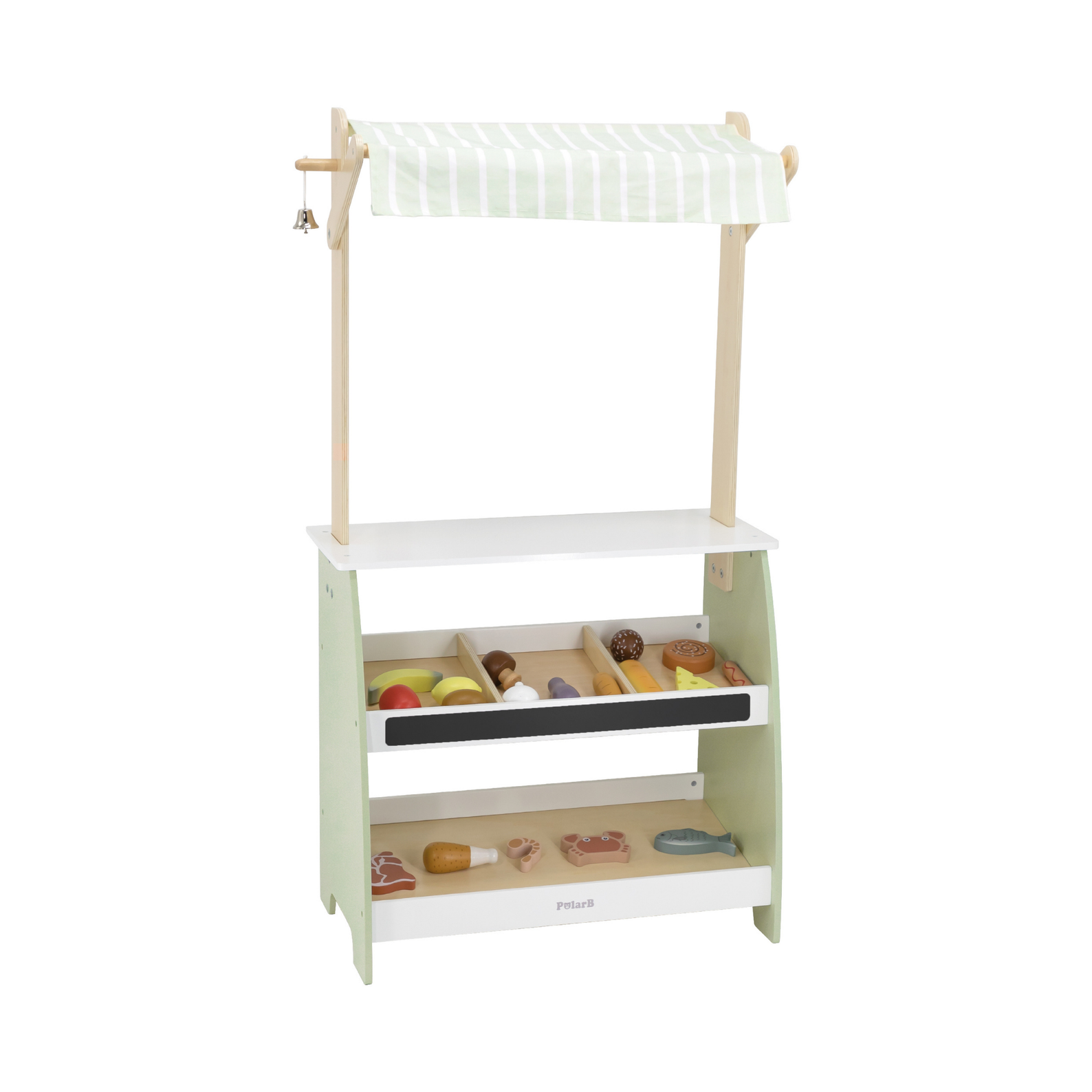 PolarB Wooden Market Stall for Kids, Includes 18 Play Food Accessories and Cash Register, Pretend Grocery Store with Bell, Blackboard and Display Shelves, Educational Toy for Ages 3 to 8