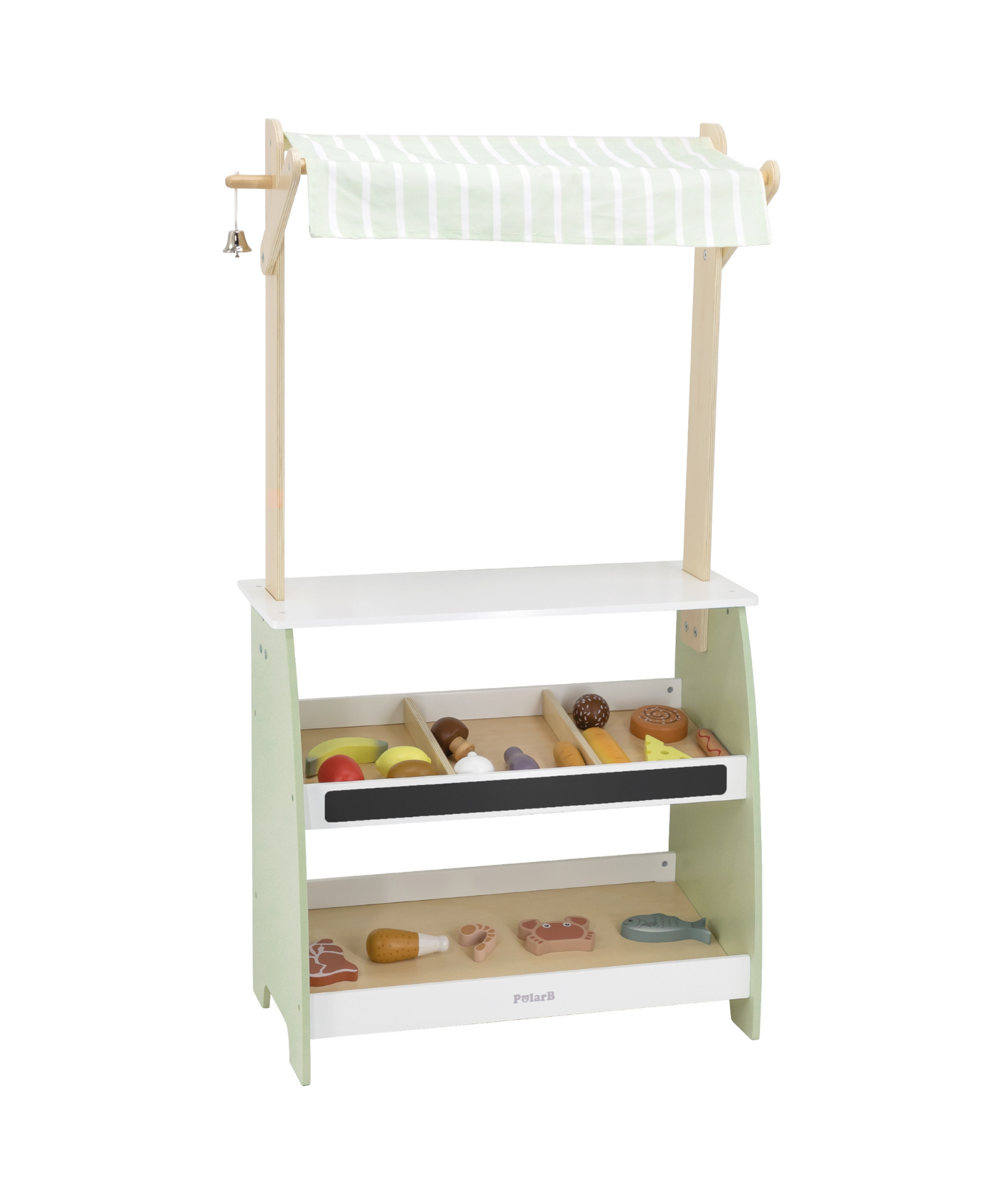 PolarB Wooden Market Stall for Kids, Includes 18 Play Food Accessories and Cash Register, Pretend Grocery Store with Bell, Blackboard and Display Shelves, Educational Toy for Ages 3 to 8