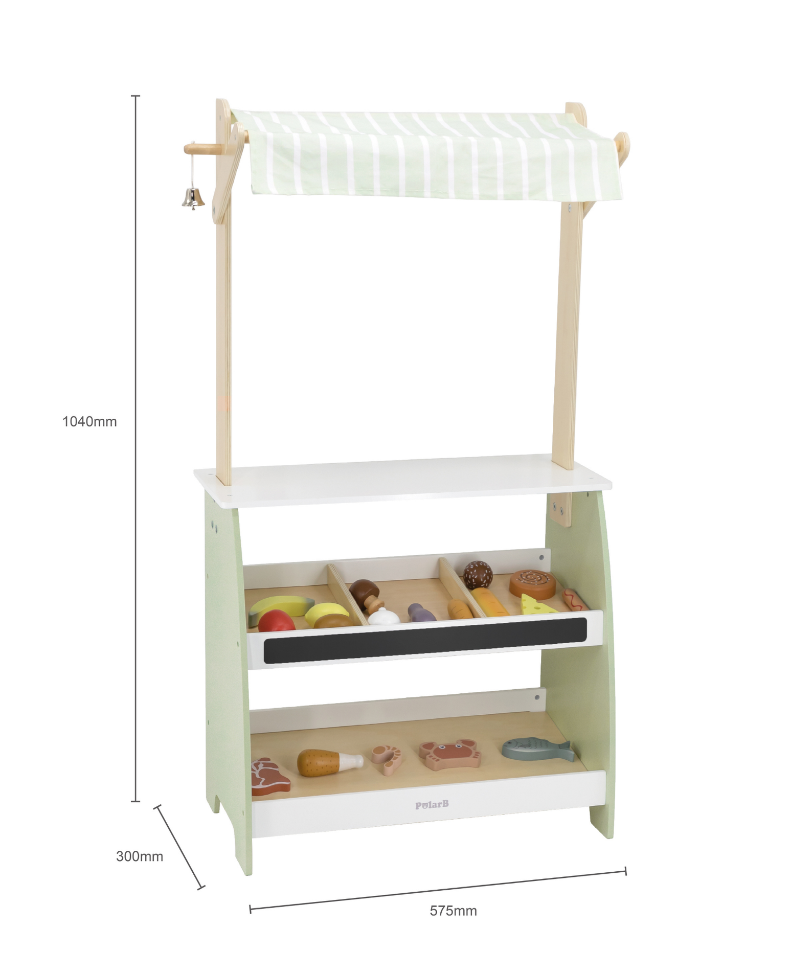 PolarB Wooden Market Stall for Kids, Includes 18 Play Food Accessories and Cash Register, Pretend Grocery Store with Bell, Blackboard and Display Shelves, Educational Toy for Ages 3 to 8