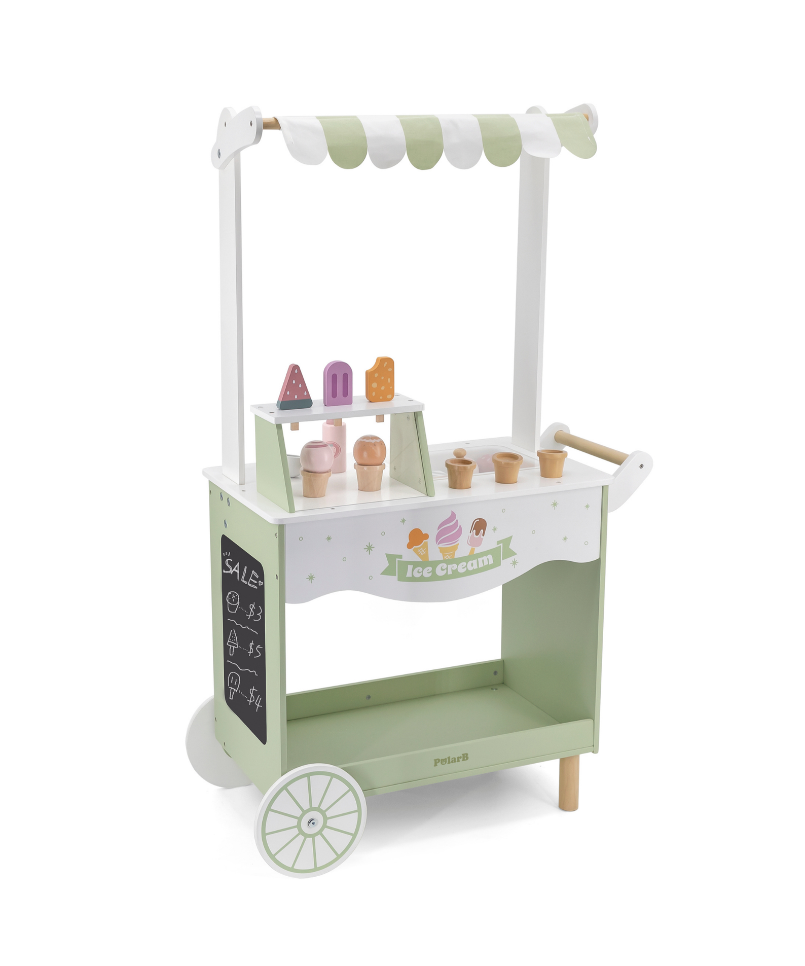 PolarB Wooden Ice Cream Cart, Large Pretend Play Trolley with Magnetic Scoop, Cones, Popsicles and Blackboard, Role Play Toy for Kids Ages 3+
