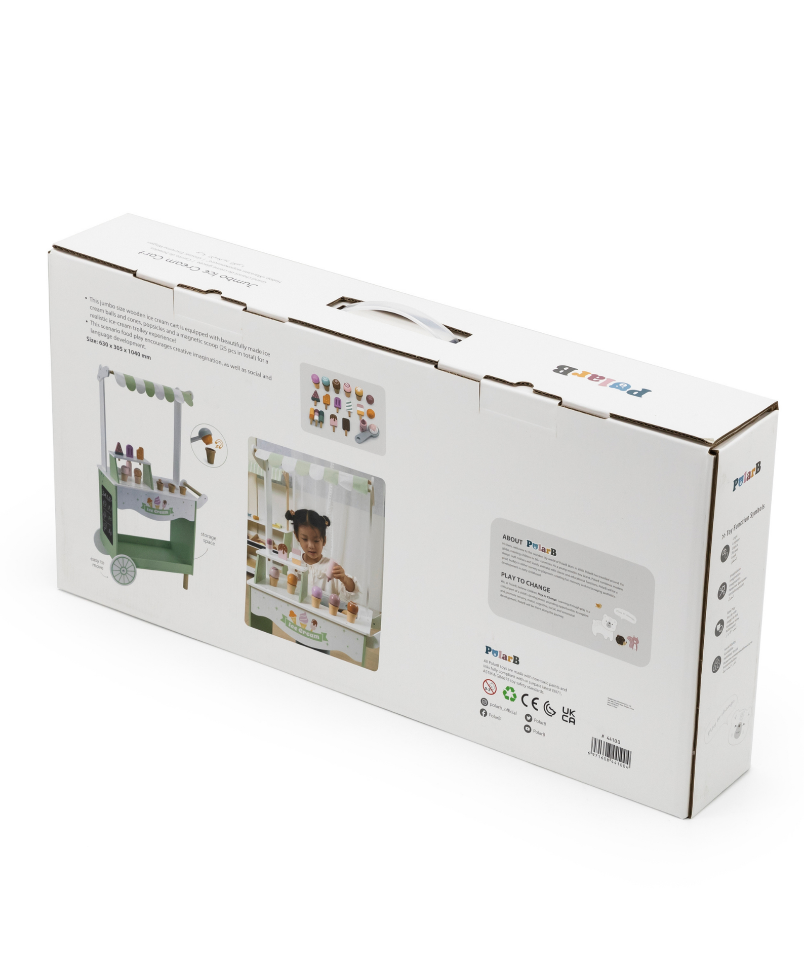 PolarB Wooden Ice Cream Cart, Large Pretend Play Trolley with Magnetic Scoop, Cones, Popsicles and Blackboard, Role Play Toy for Kids Ages 3+