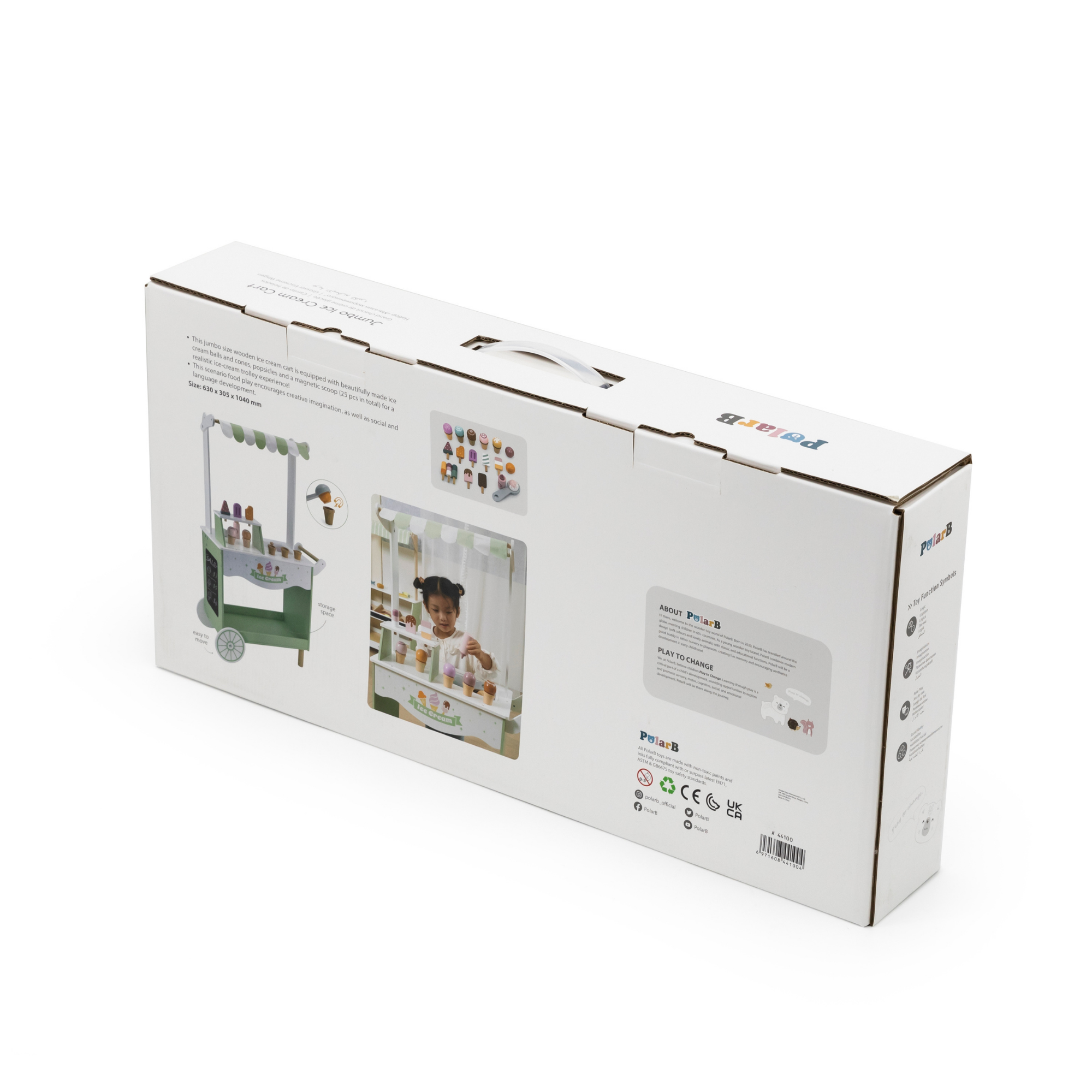 PolarB Wooden Ice Cream Cart, Large Pretend Play Trolley with Magnetic Scoop, Cones, Popsicles and Blackboard, Role Play Toy for Kids Ages 3+