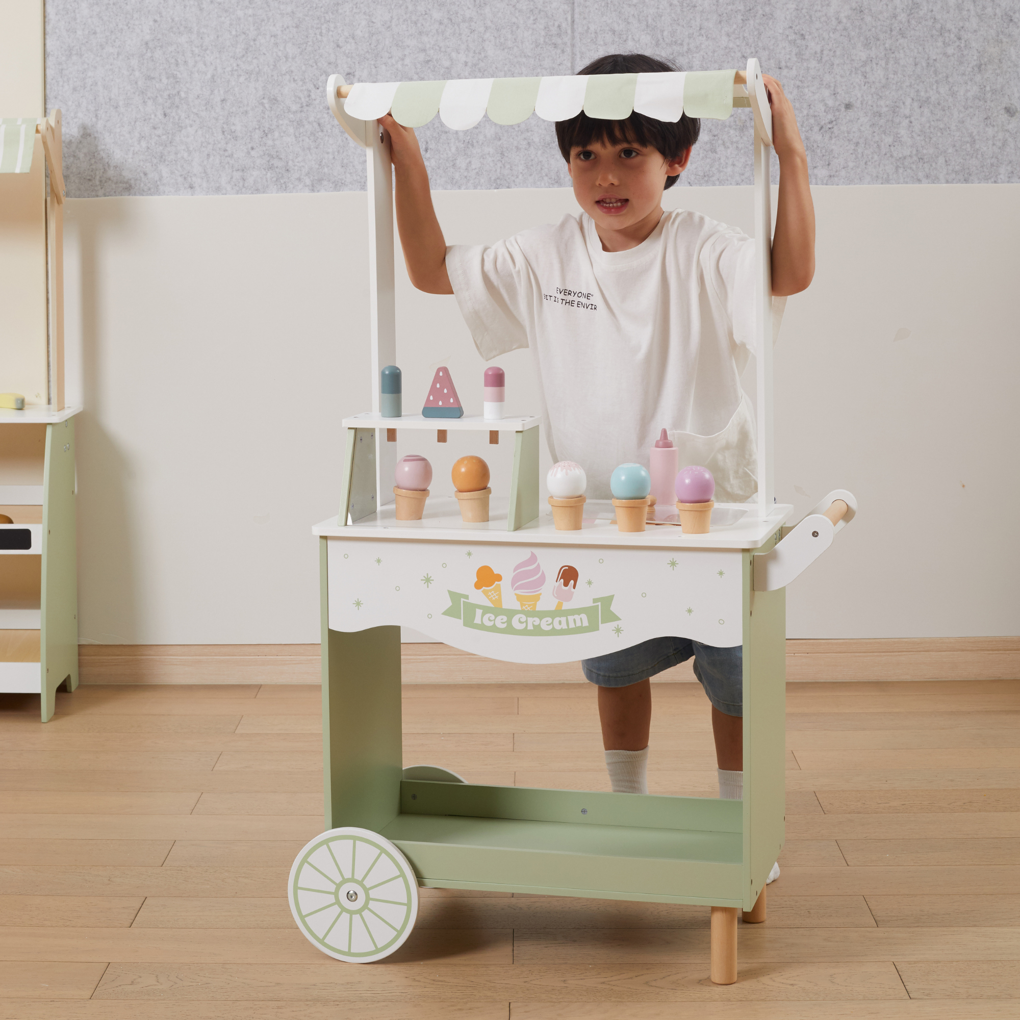 PolarB Wooden Ice Cream Cart, Large Pretend Play Trolley with Magnetic Scoop, Cones, Popsicles and Blackboard, Role Play Toy for Kids Ages 3+