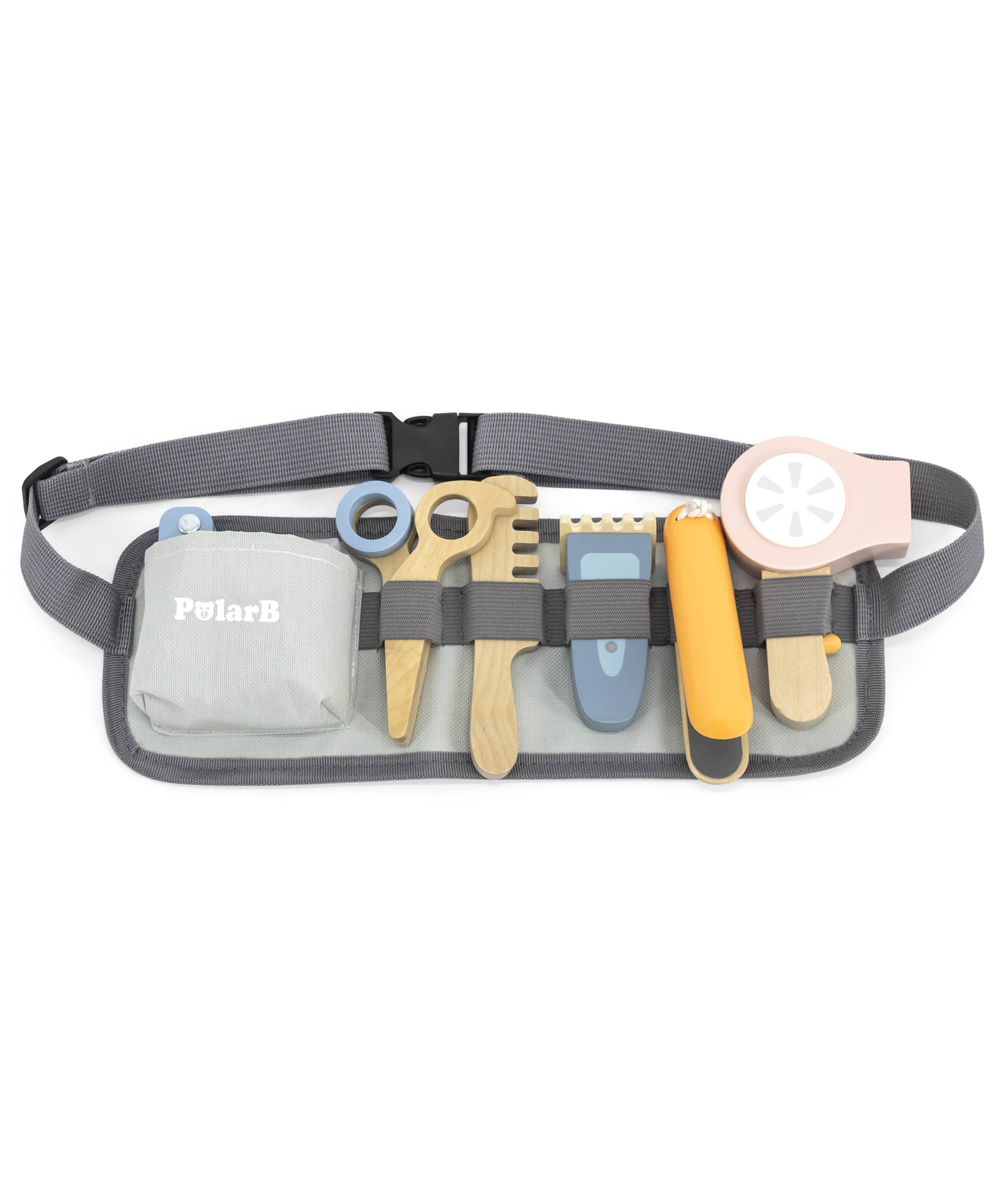 PolarB Wooden Hair Dressing Set for Kids, Pretend Play Hairdresser Toy with Adjustable Belt, Scissors, Comb, Dryer and Accessories, Age 3 and Up