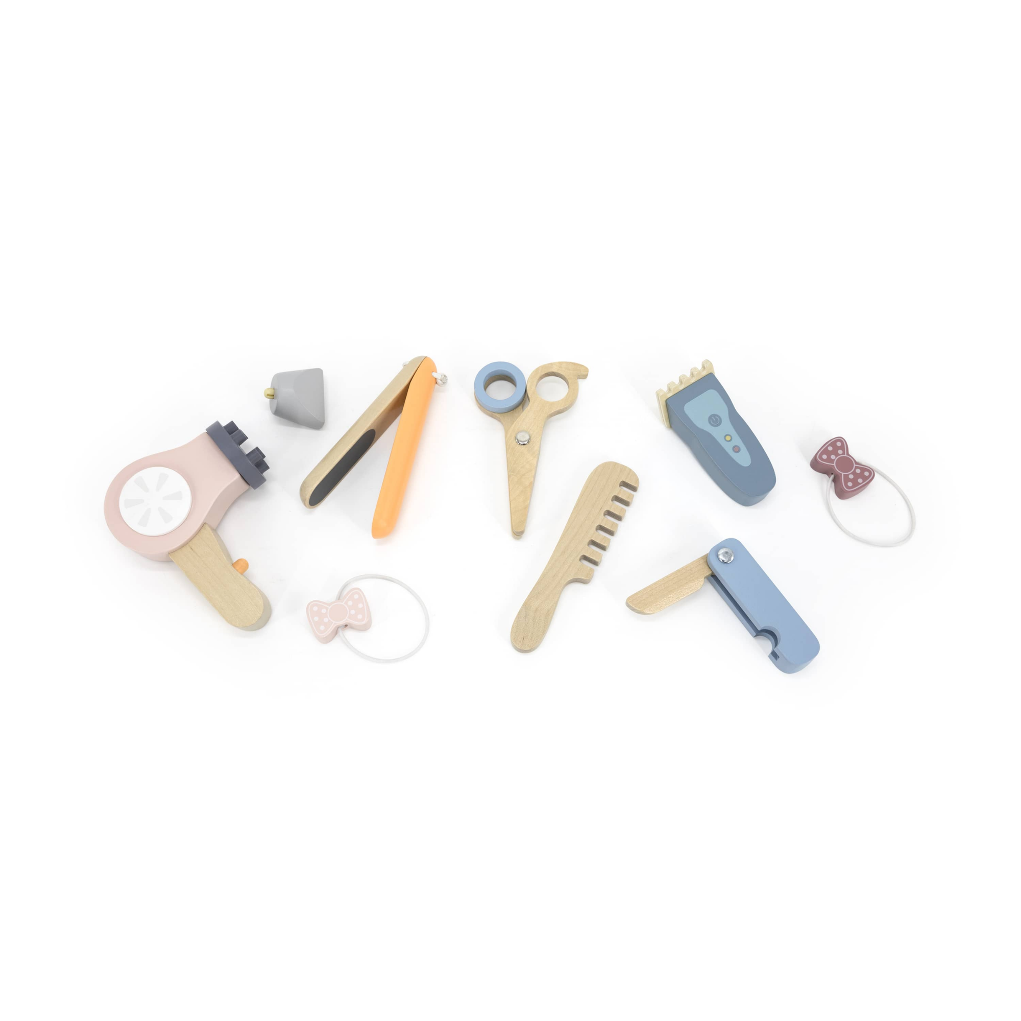 PolarB Wooden Hair Dressing Set for Kids, Pretend Play Hairdresser Toy with Adjustable Belt, Scissors, Comb, Dryer and Accessories, Age 3 and Up