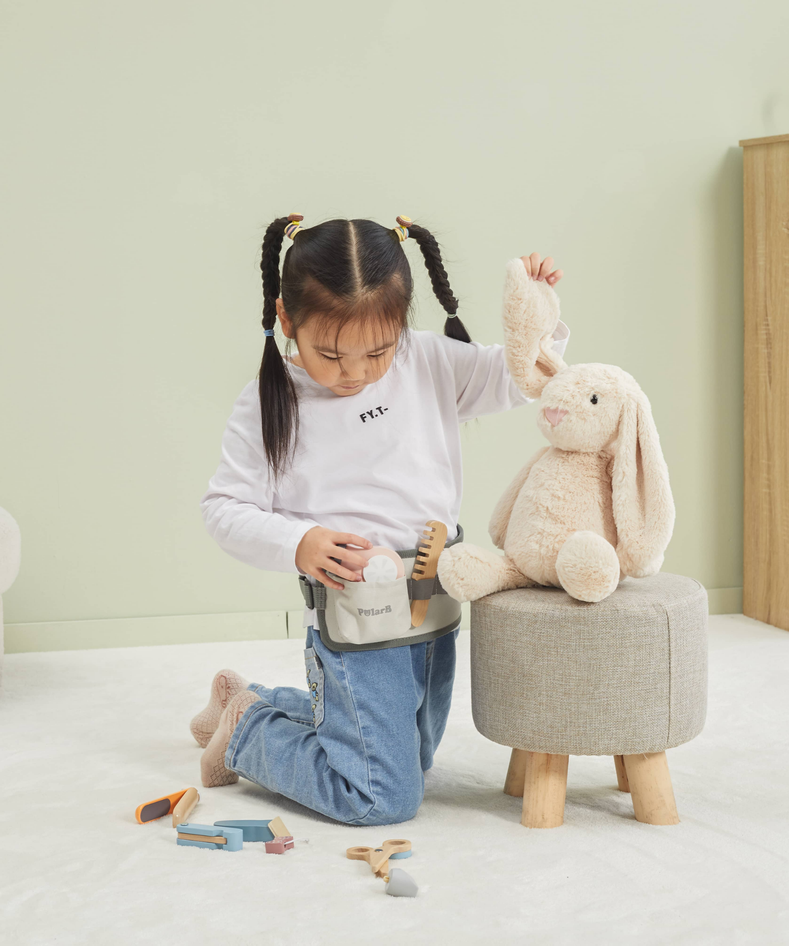 PolarB Wooden Hair Dressing Set for Kids, Pretend Play Hairdresser Toy with Adjustable Belt, Scissors, Comb, Dryer and Accessories, Age 3 and Up