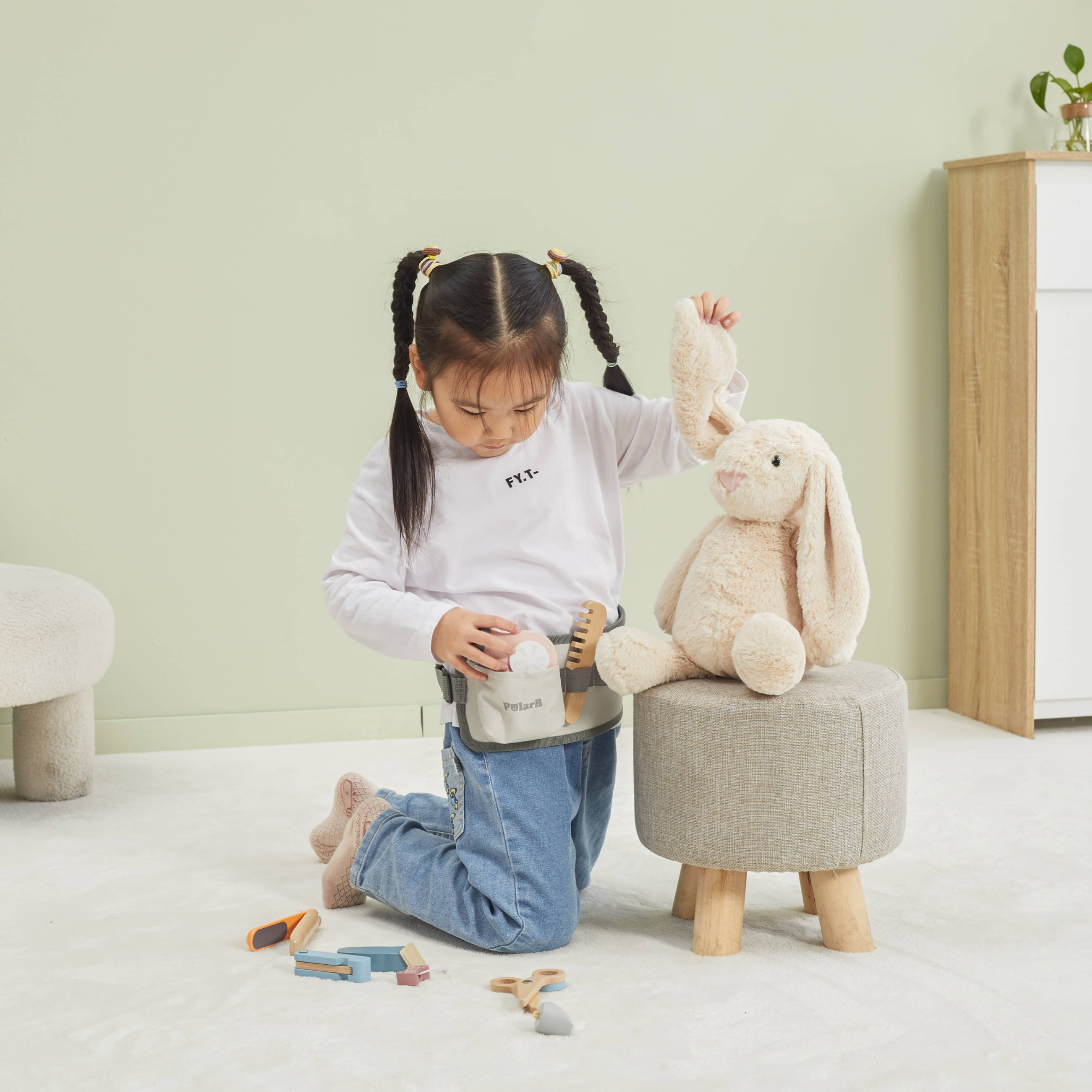 PolarB Wooden Hair Dressing Set for Kids, Pretend Play Hairdresser Toy with Adjustable Belt, Scissors, Comb, Dryer and Accessories, Age 3 and Up