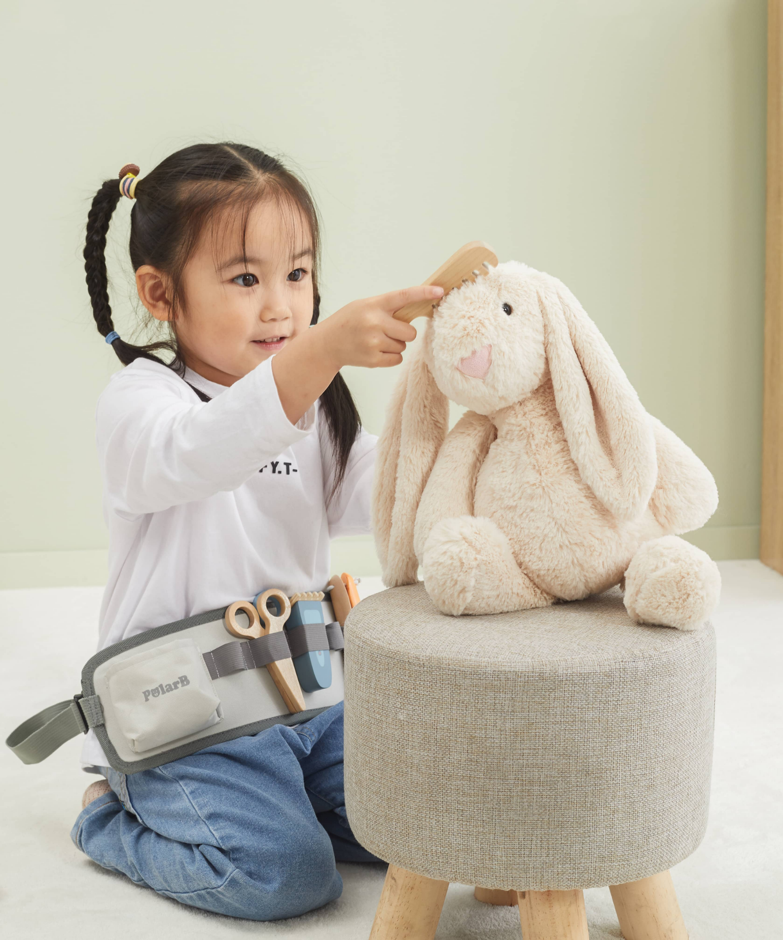 PolarB Wooden Hair Dressing Set for Kids, Pretend Play Hairdresser Toy with Adjustable Belt, Scissors, Comb, Dryer and Accessories, Age 3 and Up