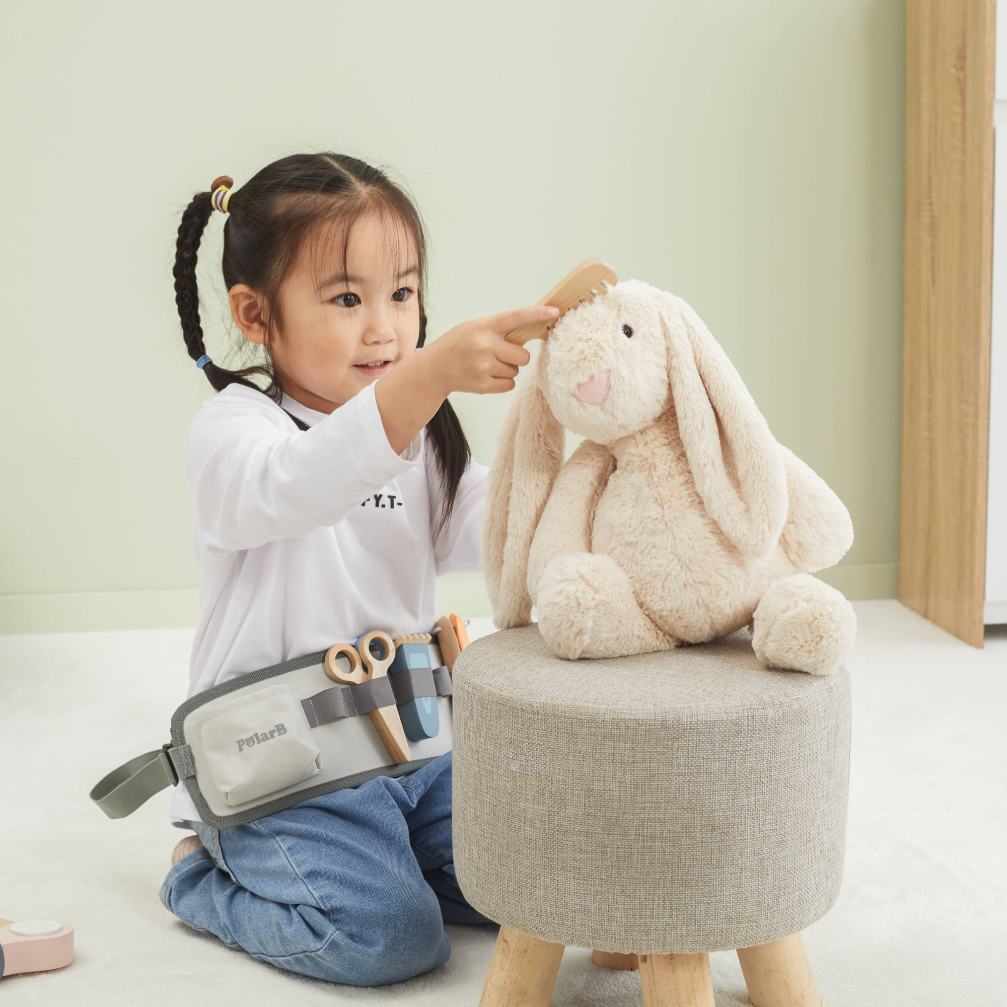 PolarB Wooden Hair Dressing Set for Kids, Pretend Play Hairdresser Toy with Adjustable Belt, Scissors, Comb, Dryer and Accessories, Age 3 and Up