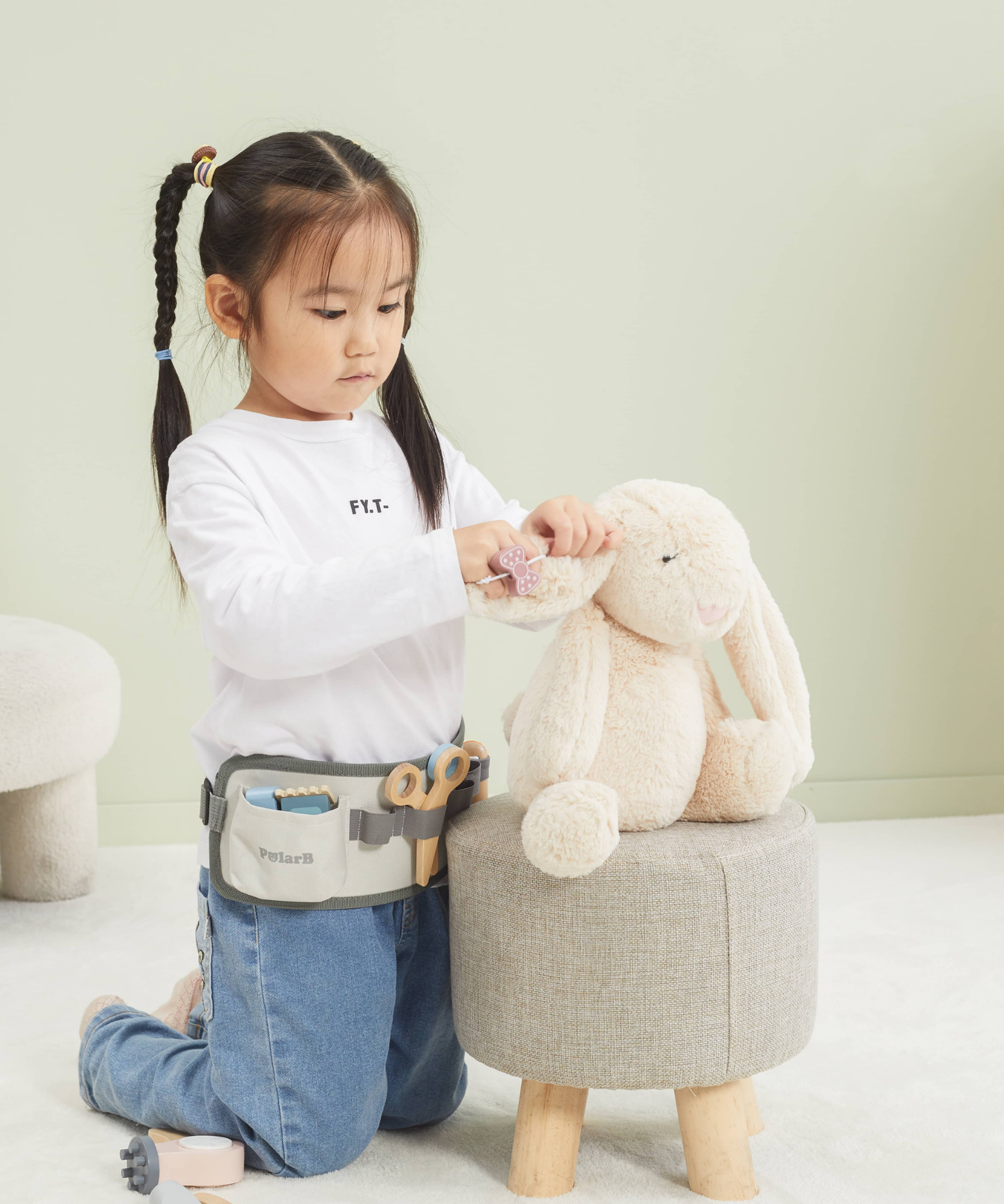 PolarB Wooden Hair Dressing Set for Kids, Pretend Play Hairdresser Toy with Adjustable Belt, Scissors, Comb, Dryer and Accessories, Age 3 and Up