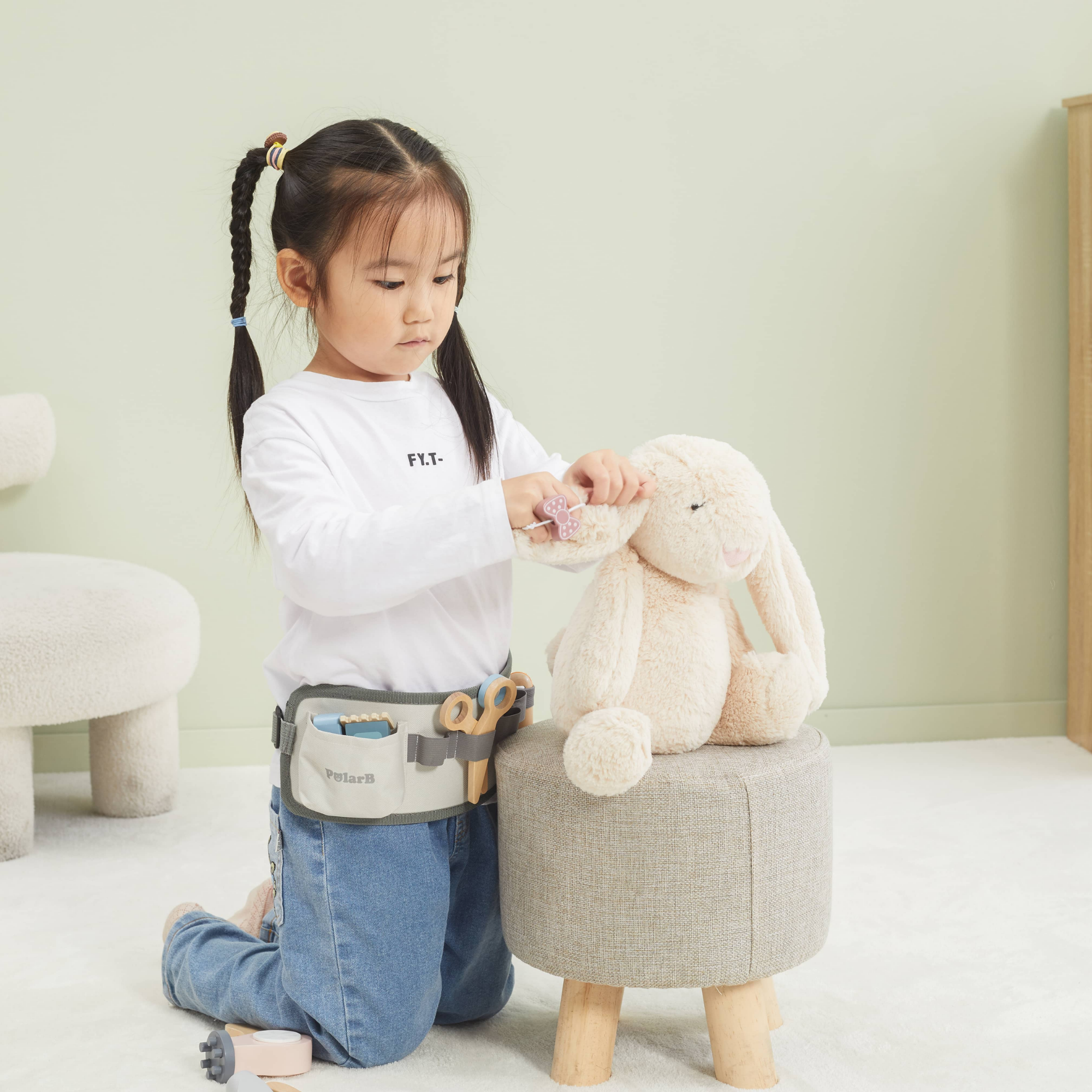 PolarB Wooden Hair Dressing Set for Kids, Pretend Play Hairdresser Toy with Adjustable Belt, Scissors, Comb, Dryer and Accessories, Age 3 and Up