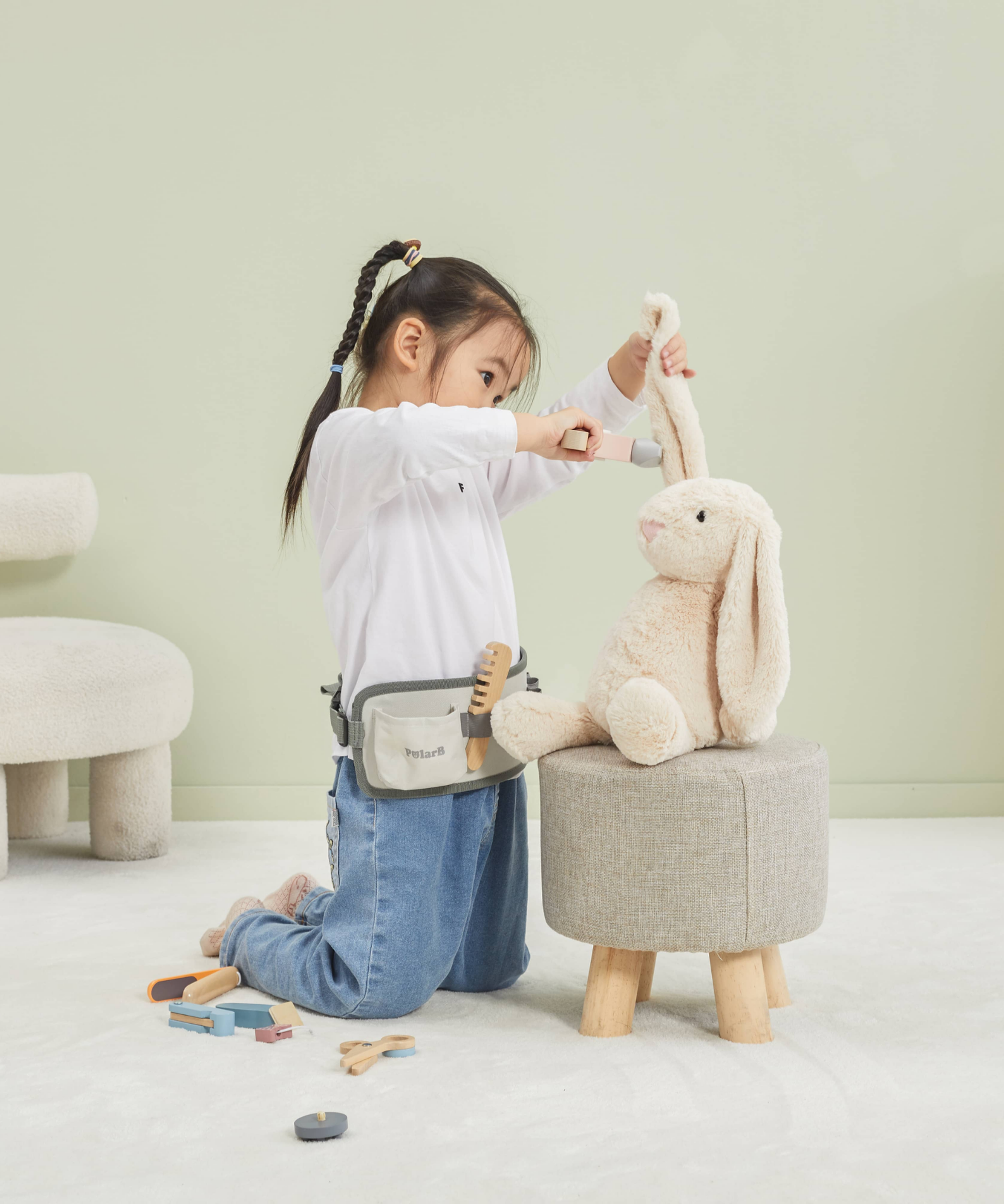 PolarB Wooden Hair Dressing Set for Kids, Pretend Play Hairdresser Toy with Adjustable Belt, Scissors, Comb, Dryer and Accessories, Age 3 and Up