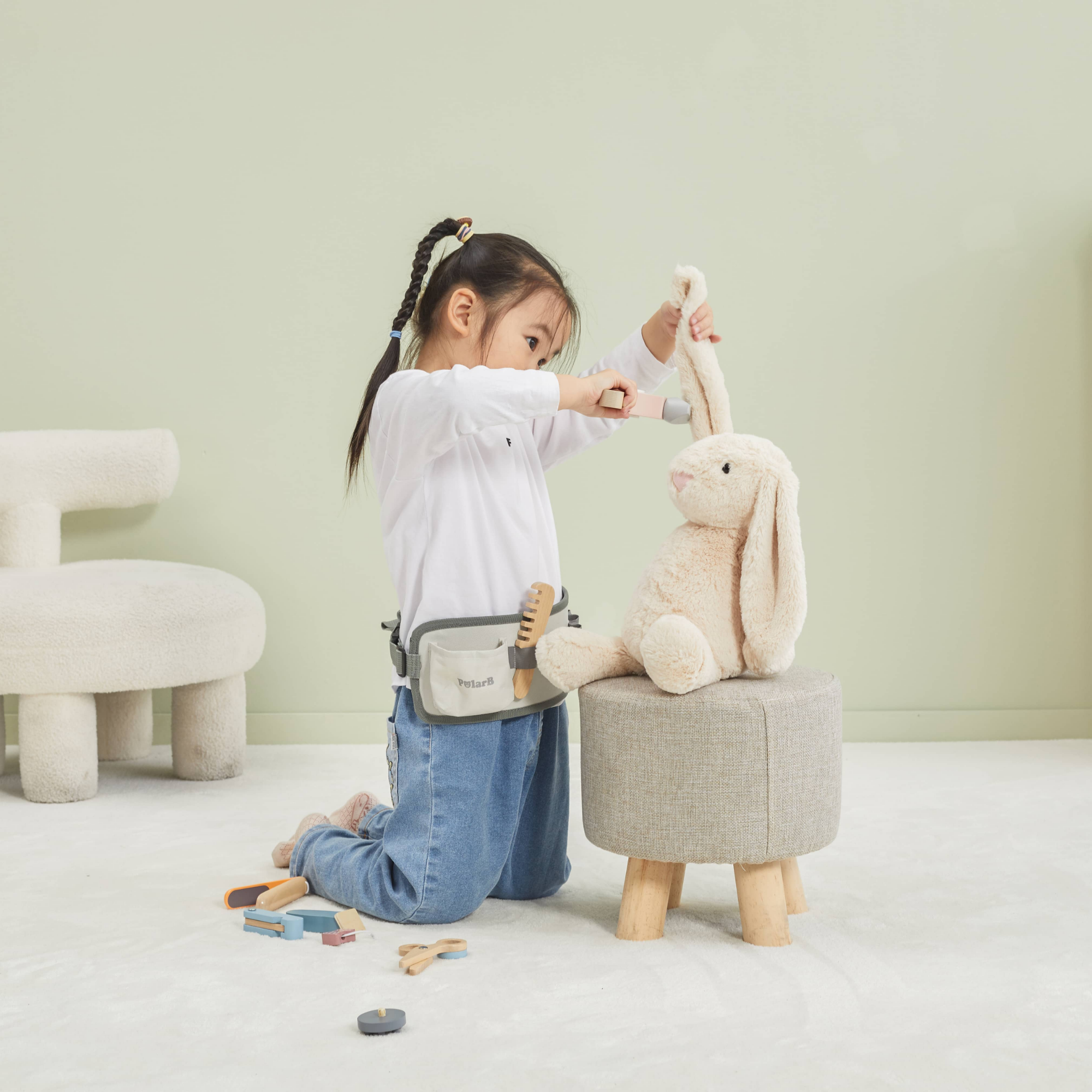 PolarB Wooden Hair Dressing Set for Kids, Pretend Play Hairdresser Toy with Adjustable Belt, Scissors, Comb, Dryer and Accessories, Age 3 and Up